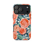 Tea Rose Navy Tough iPhone 17 Pro Max Case – Matte | navy, coral, pink, cream rose floral print