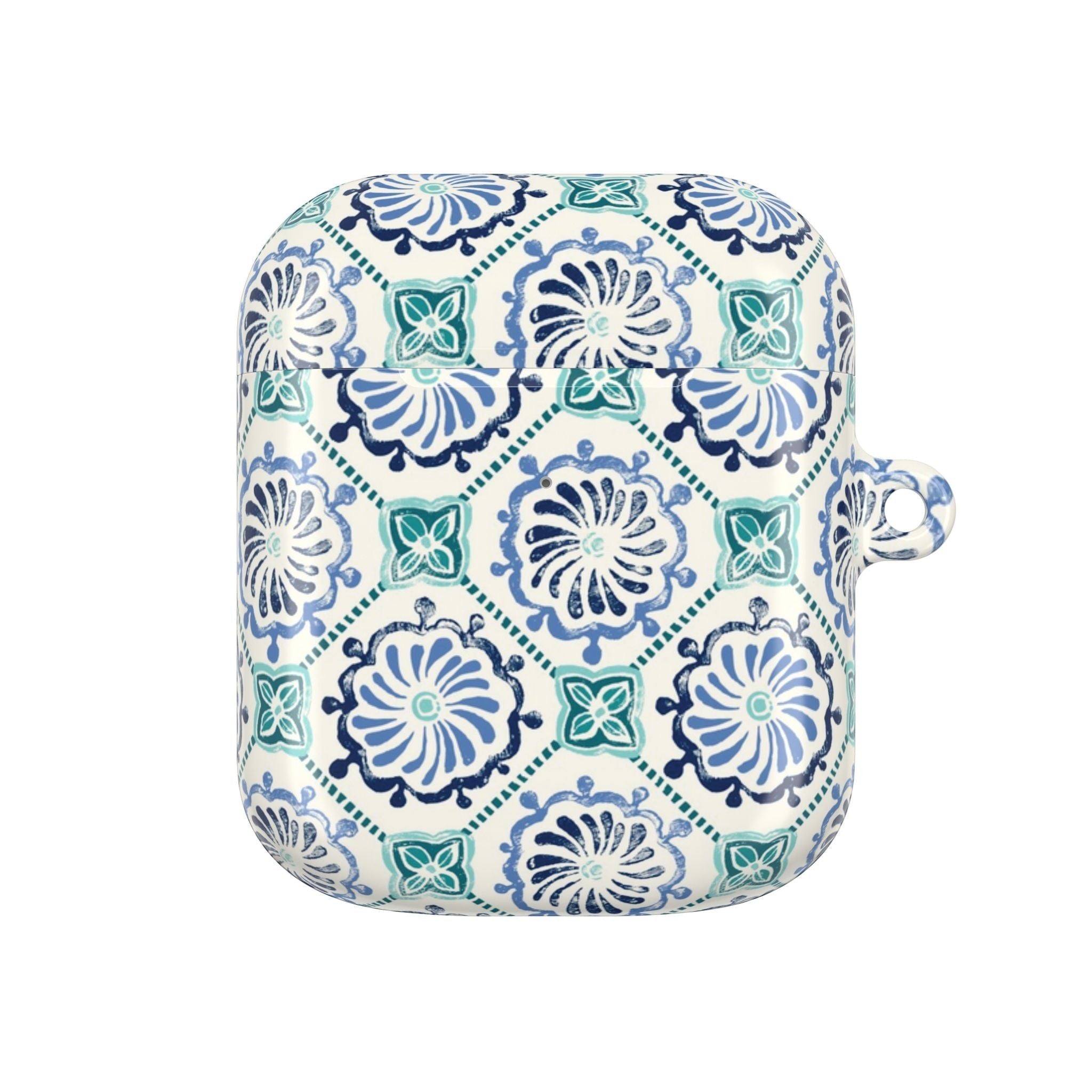 floriori Horizon Blue Tile AirPods case with a navy and teal Moroccan-inspired floral medallion print on white.