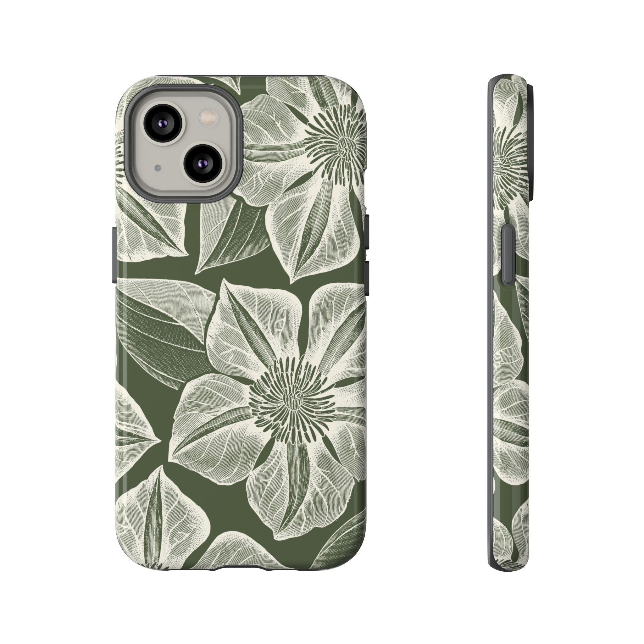 Vintage Bloom Cypress iPhone 14 case – Glossy | cypress green ground, large-scale white clematis print, engraved petal detail, dual-layer protection