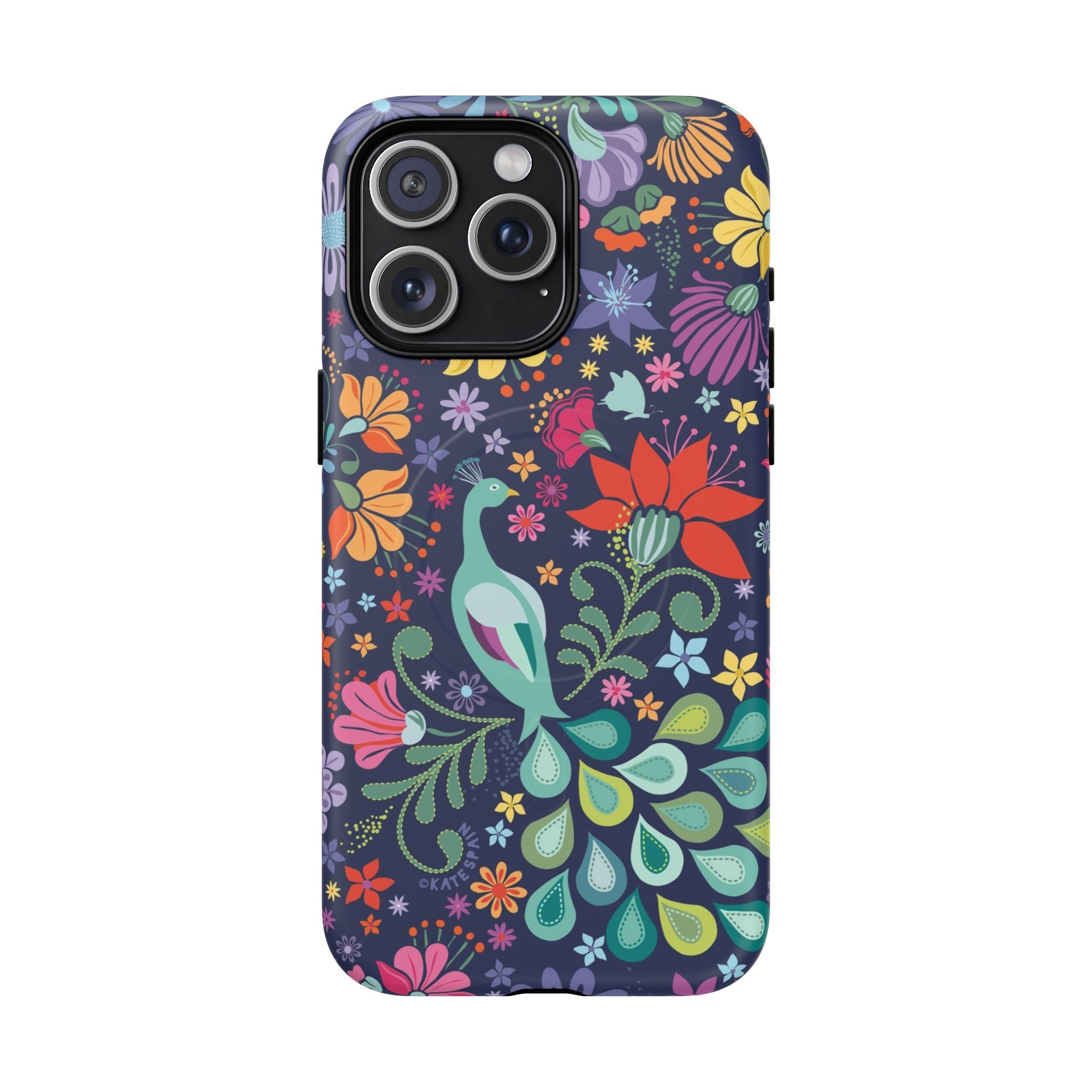 Peacock Sanctuary MagSafe iPhone 15 Pro Max Case – Matte | navy, teal, coral multicolor vibrant peacock feather botanical print