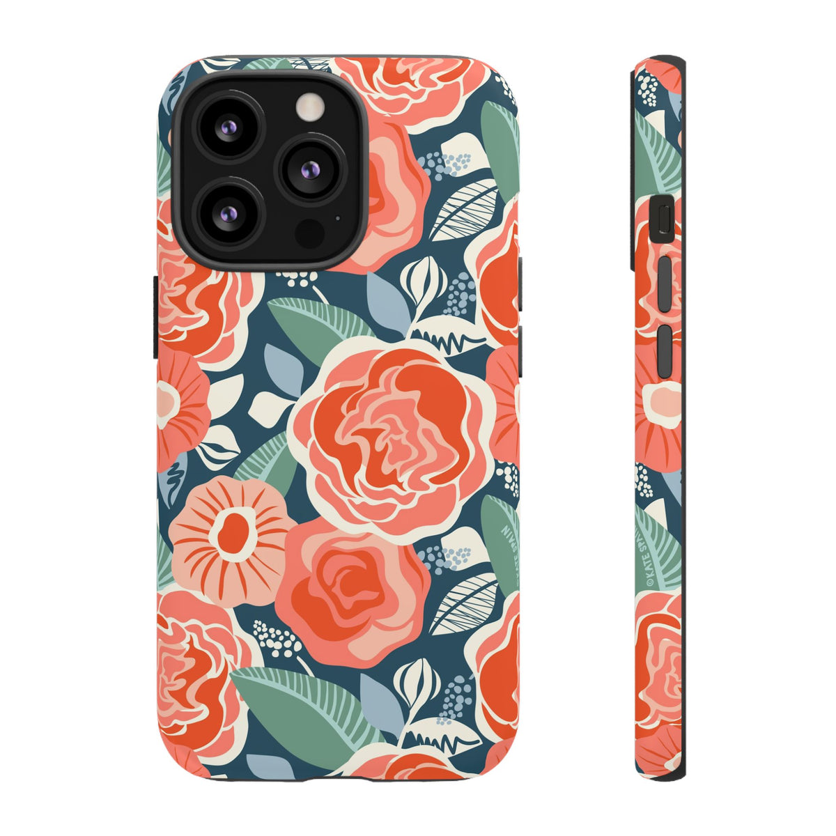 Tea Rose Navy Tough iPhone 13 Pro Case – Matte | navy, coral, peach botanical rose floral print