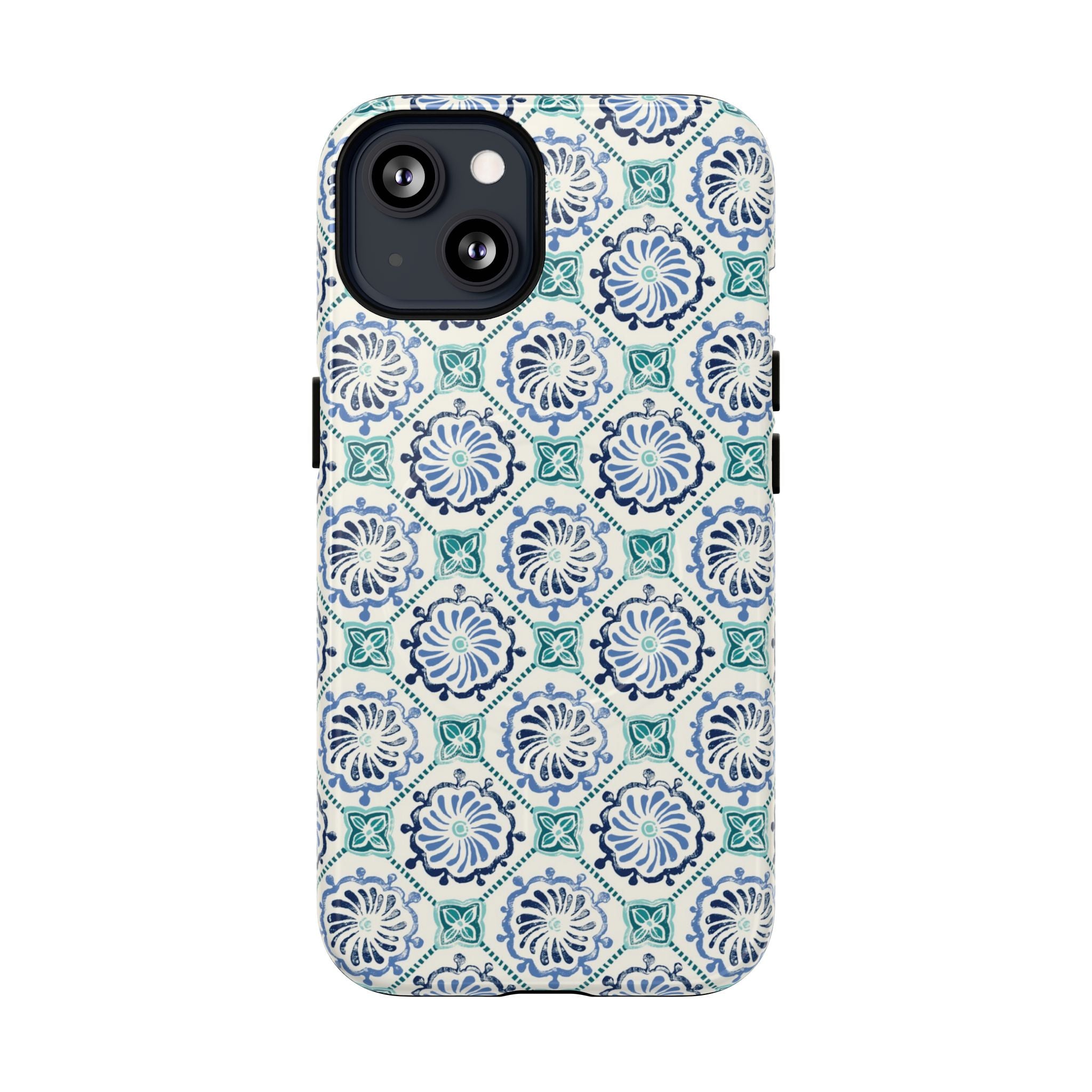 Horizon Blue Tile MagSafe iPhone 13 Case – Glossy | blue, turquoise, cream white MagSafe compatible, dual-layer protection