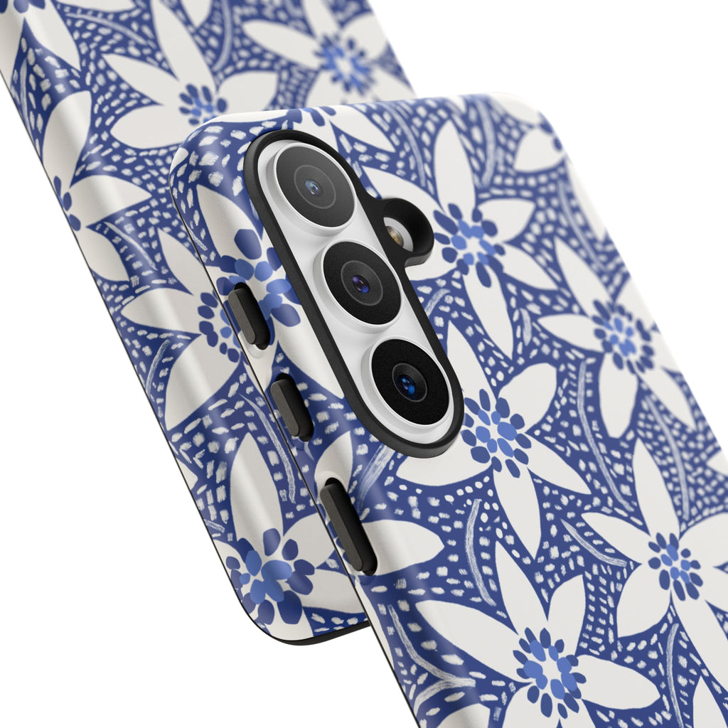 Starflower Samsung Galaxy S26 Plus Case – matte finish - close-up of 3-lens camera cut out and buttons on side of case in navy and white geometric flower print