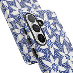 Starflower Samsung Galaxy S26 Plus Case – matte finish - close-up of 3-lens camera cut out and buttons on side of case in navy and white geometric flower print