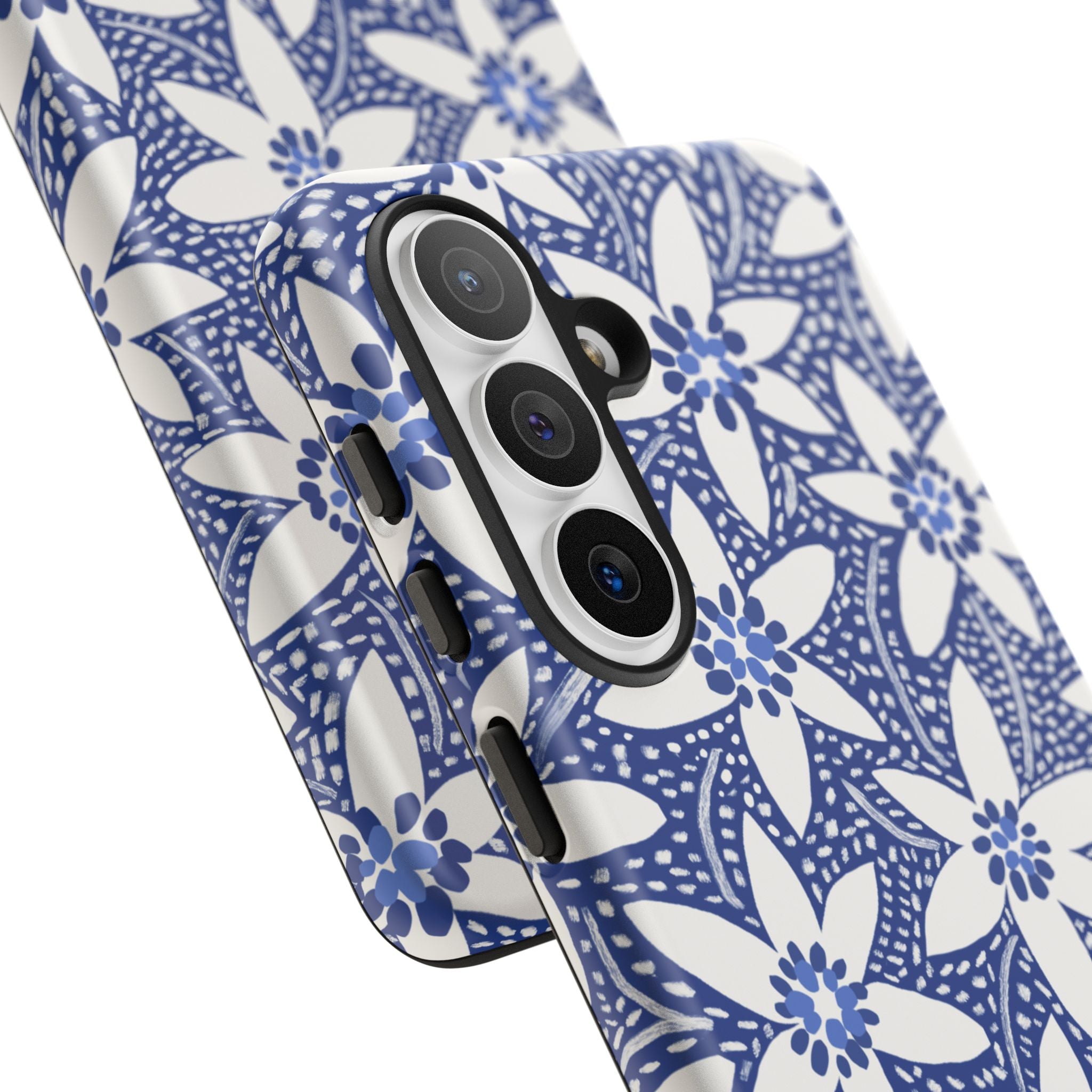 Starflower Samsung Galaxy S26 Plus Case – matte finish - close-up of 3-lens camera cut out and buttons on side of case in navy and white geometric flower print