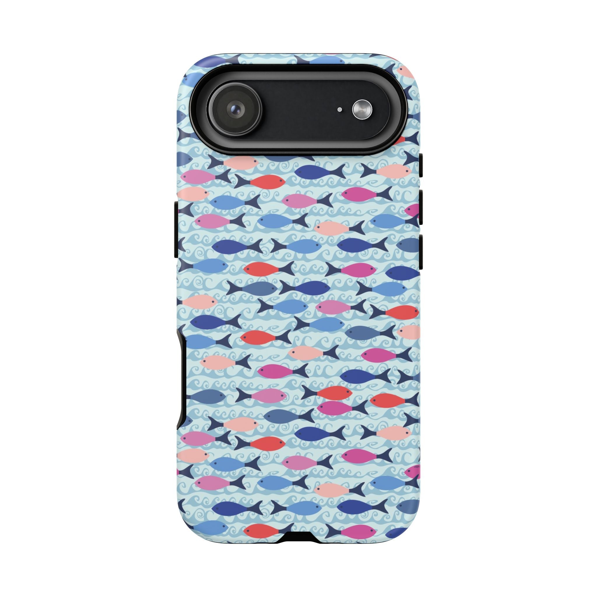 Summer Minnows Tough iPhone 17 Air Case – Matte | navy, coral, pink, and periwinkle fish on a pale aqua ground