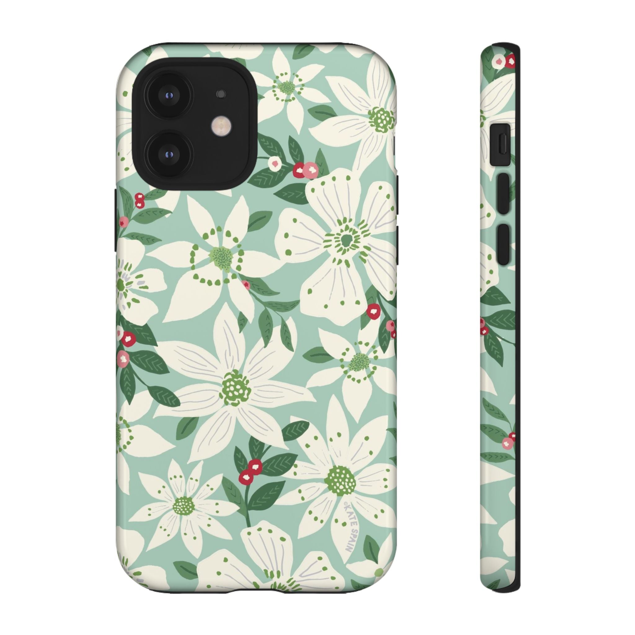 Gardenia Tough iPhone 12 Case – Glossy | light blue, white, green, red gardenia botanical print