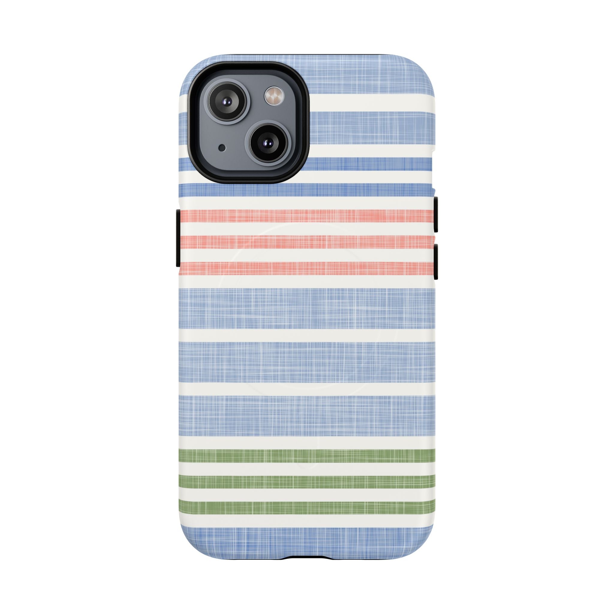 Cabana Stripe Pastel MagSafe iPhone 14 Case – Matte | soft blue, coral, sage green chambray-textured stripe print MagSafe compatible, dual-layer protection