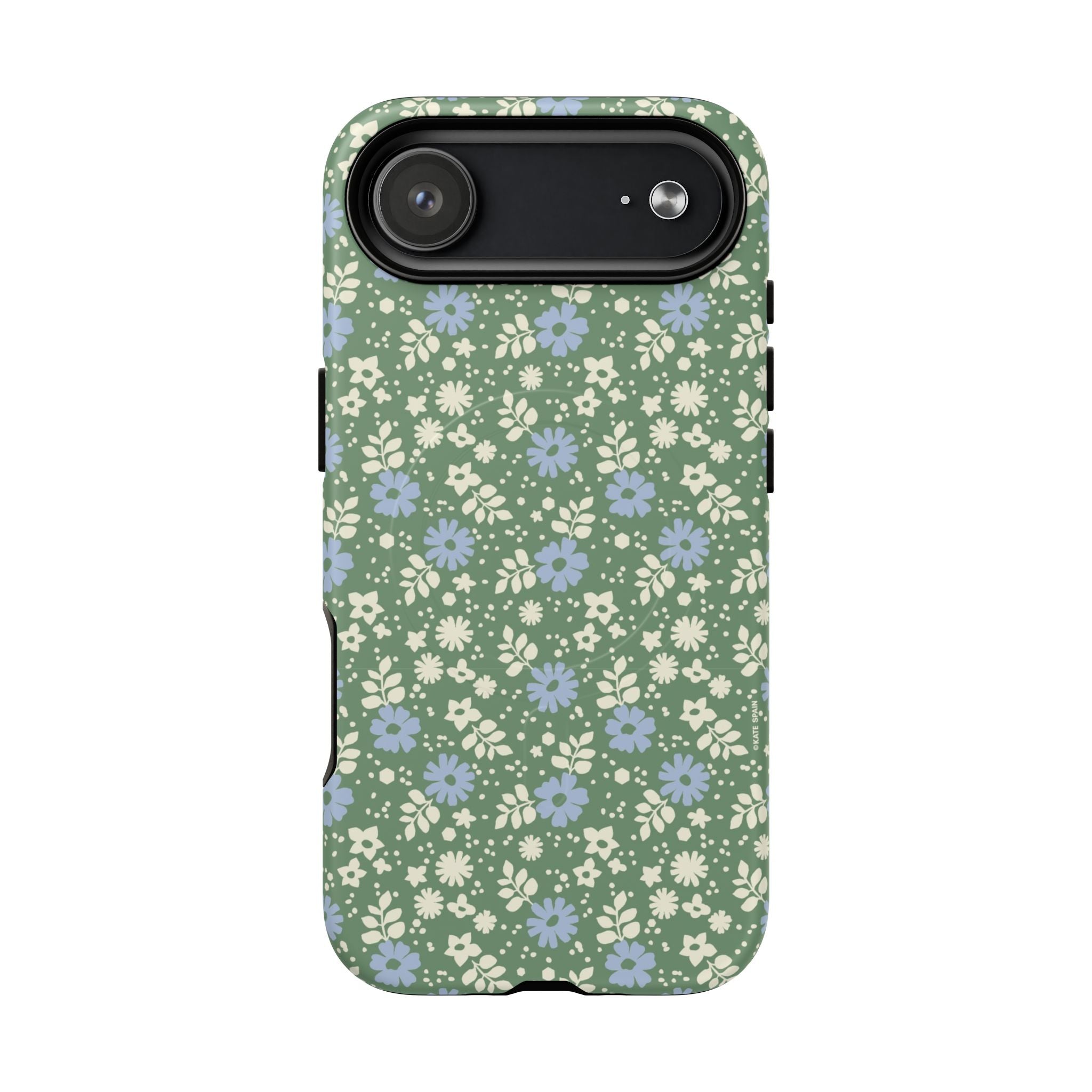Petaline Green MagSafe iPhone 17 Air Case – Matte | cream and periwinkle blue ditsy floral print on a sage green ground