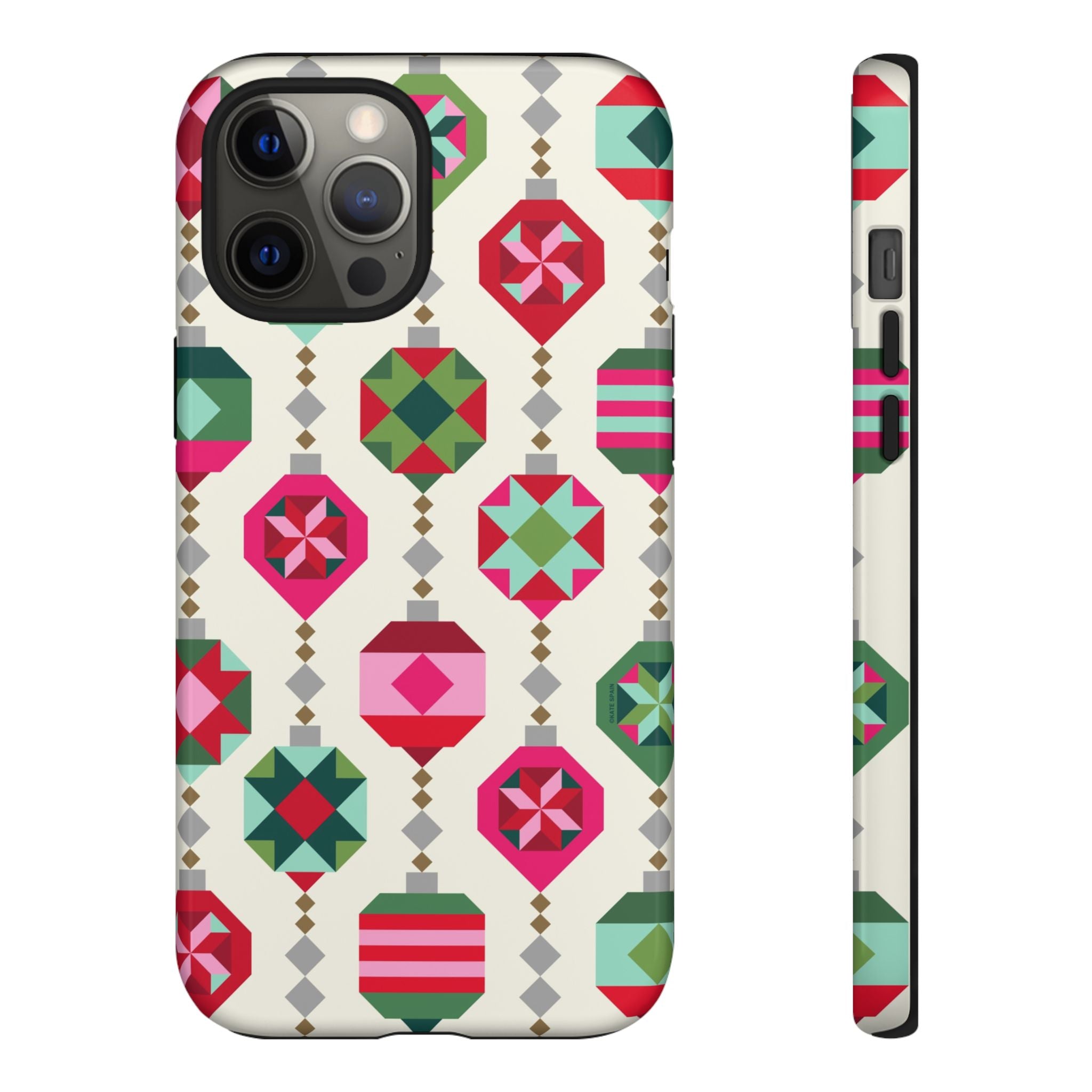 Felicity Ornaments Tough iPhone 12 Pro Max Case – Glossy | cream, red, pink, green, mint geometric quilted ornament print