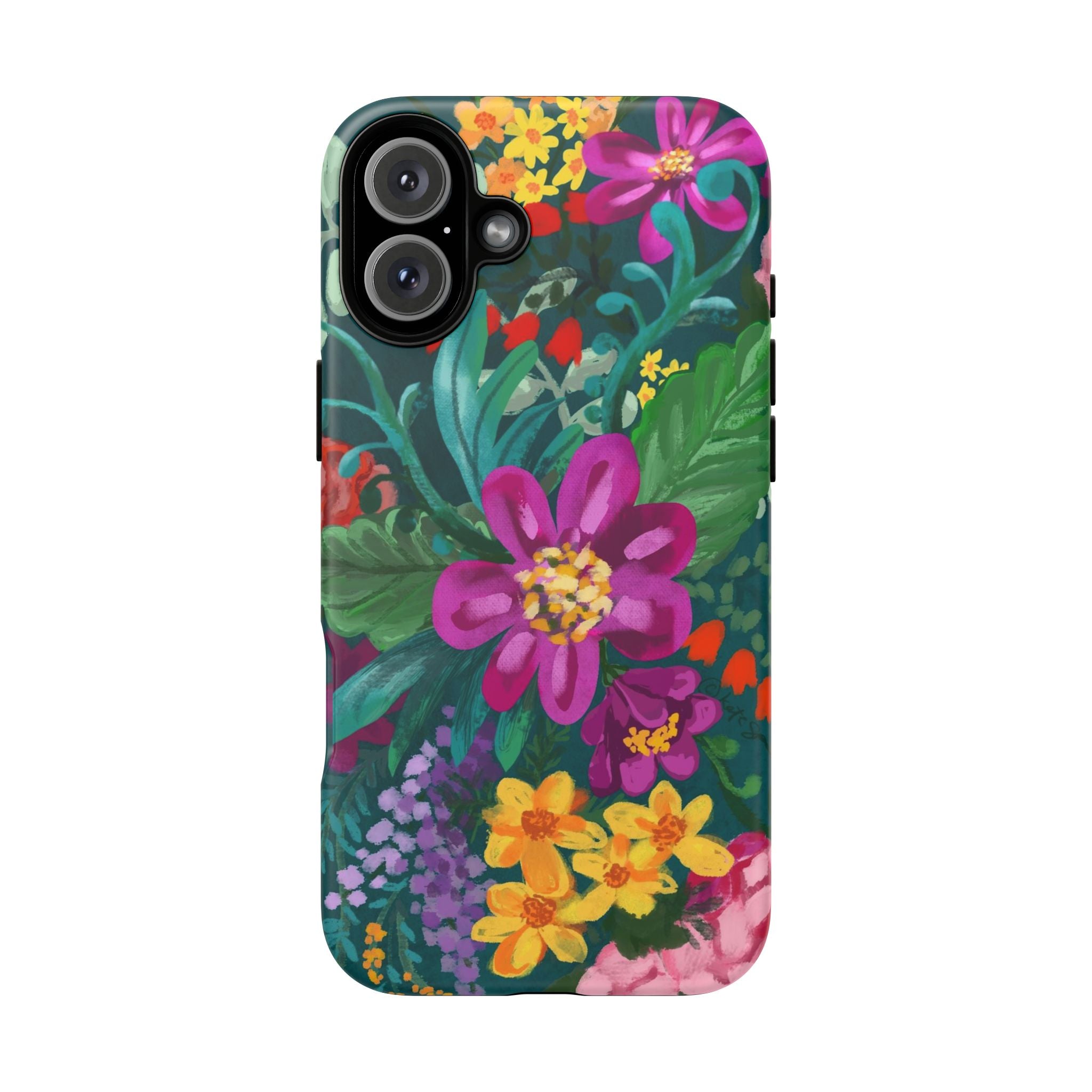 Posy Tough iPhone 16 Plus Case – Matte | teal, purple, magenta, yellow botanical wildflower print