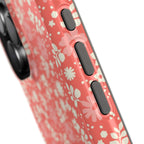 Petaline MagSafe iPhone 16 Pro Max Case – Glossy | side angle with close up of buttons and camera, coral, cream, blush dainty ditsy daisy floral print