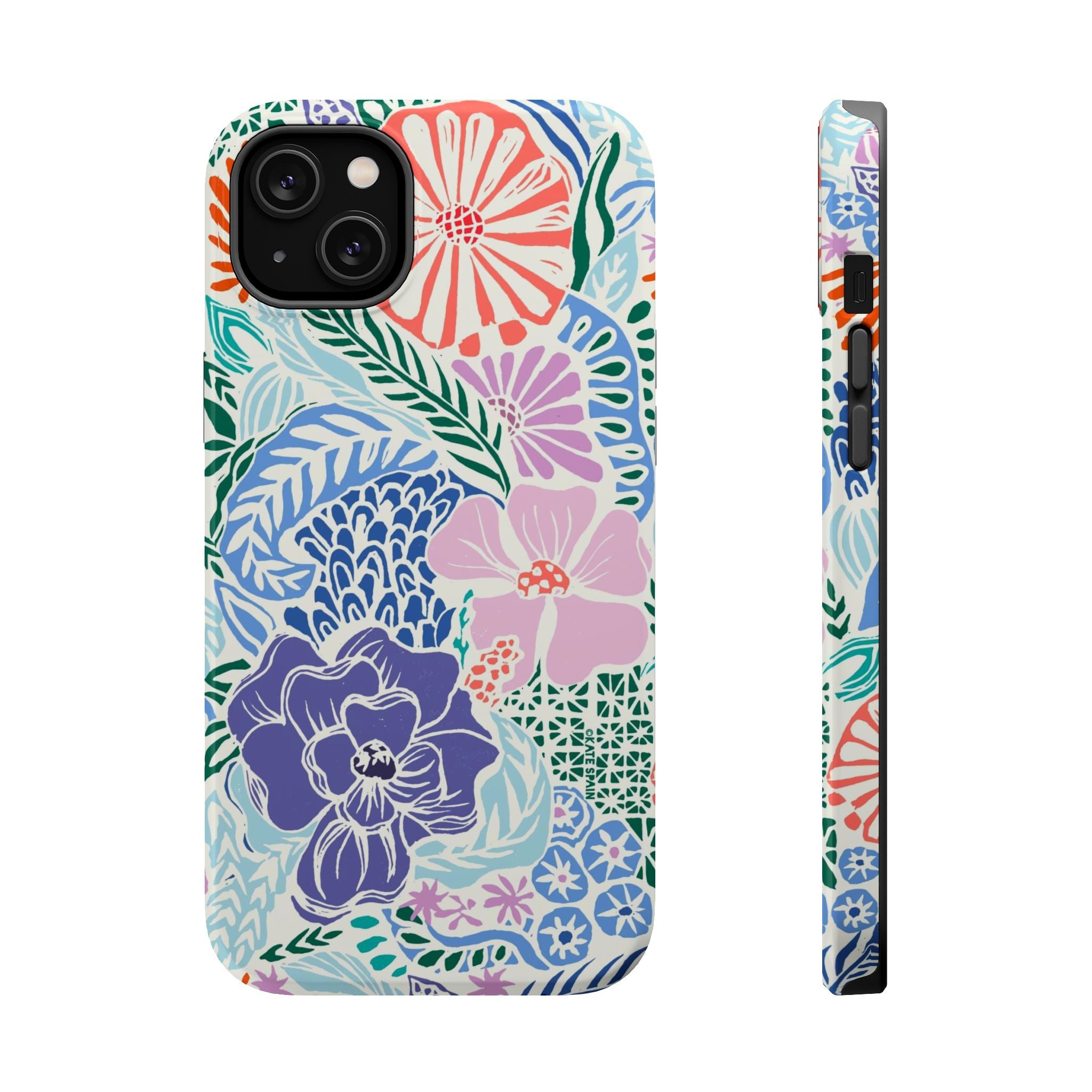Tropica MagSafe iPhone 14 Plus Case – Glossy | purple, coral, pink, blue botanical tropical floral print MagSafe compatible, dual-layer protection