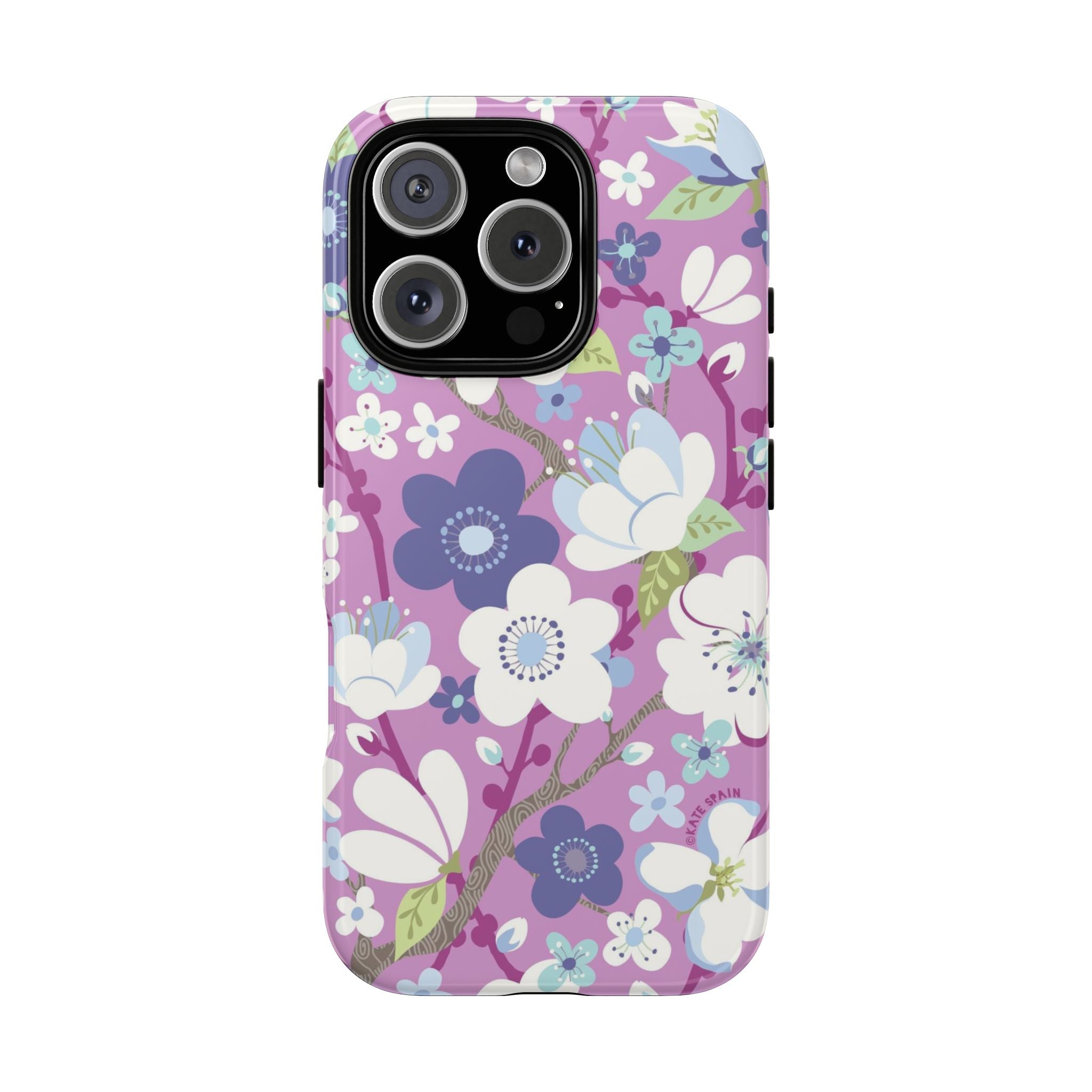 Luxury Cherry Blossom Tough iPhone 15 Pro Case – Glossy | mauve, purple, blue, white cherry blossom print