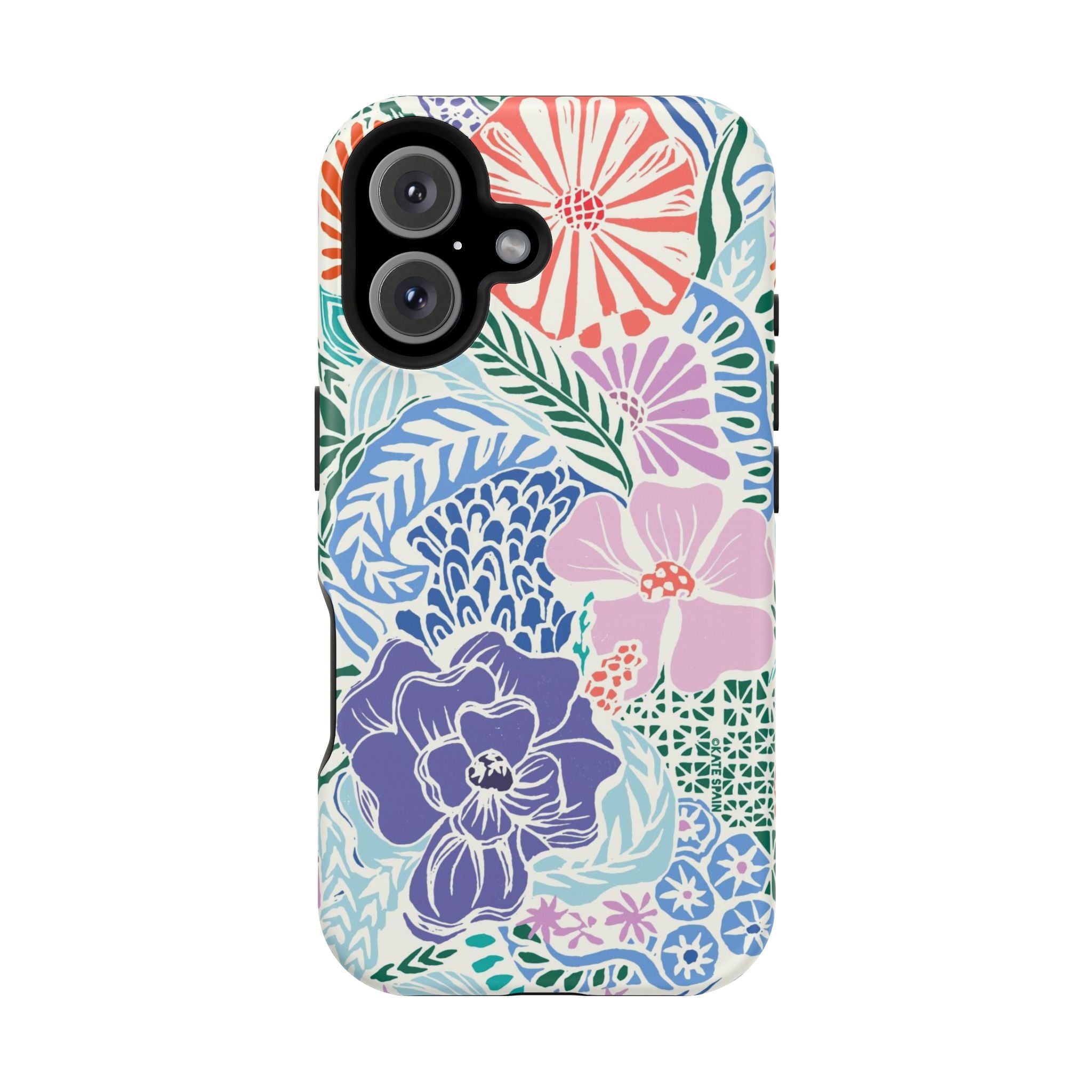 Tropica MagSafe iPhone 16 Case – Matte | purple, coral, pink, blue botanical tropical floral print MagSafe compatible, dual-layer protection