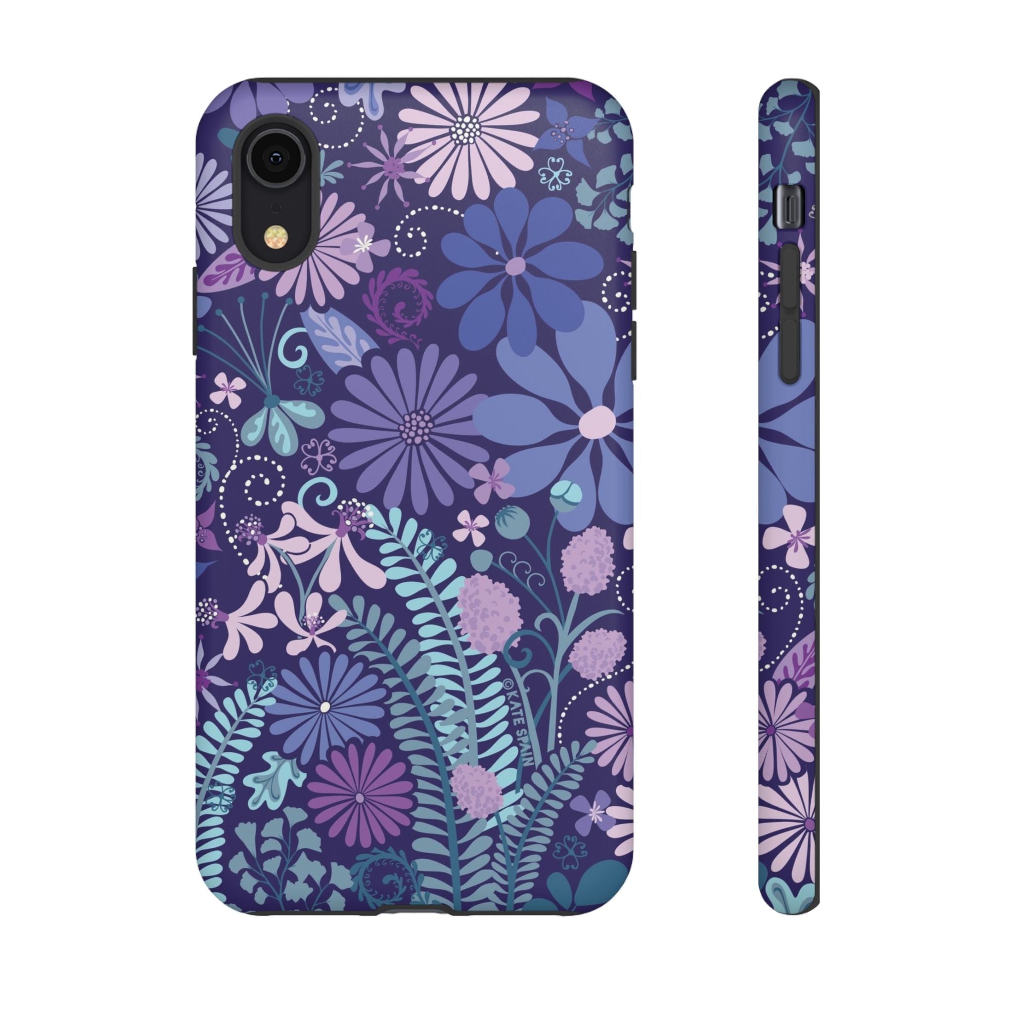 Luxury Terrain Tough iPhone XR Case – Matte | navy, purple, aqua botanical woodland floral print
