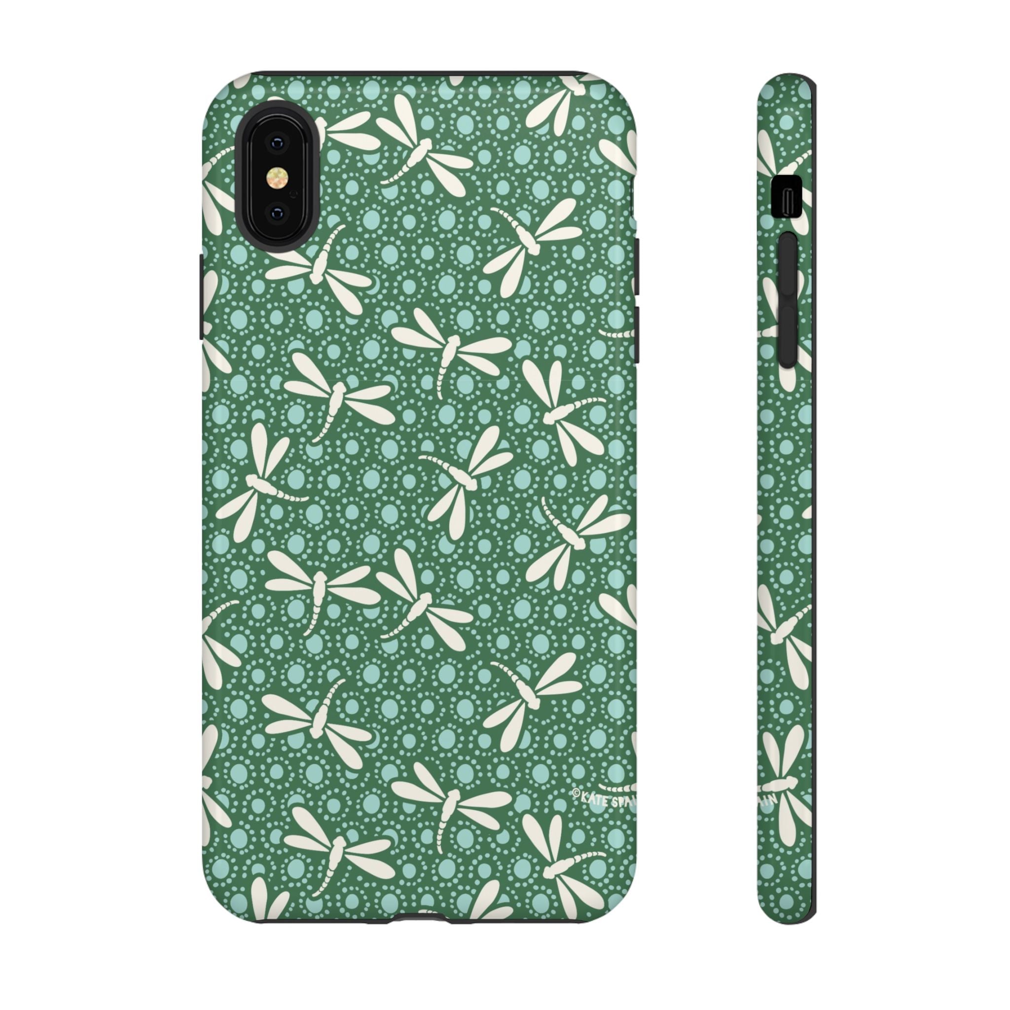 Designer Dragonfly Tough iPhone XS MAX Case – Glossy | jade green, aqua, cream dragonfly print