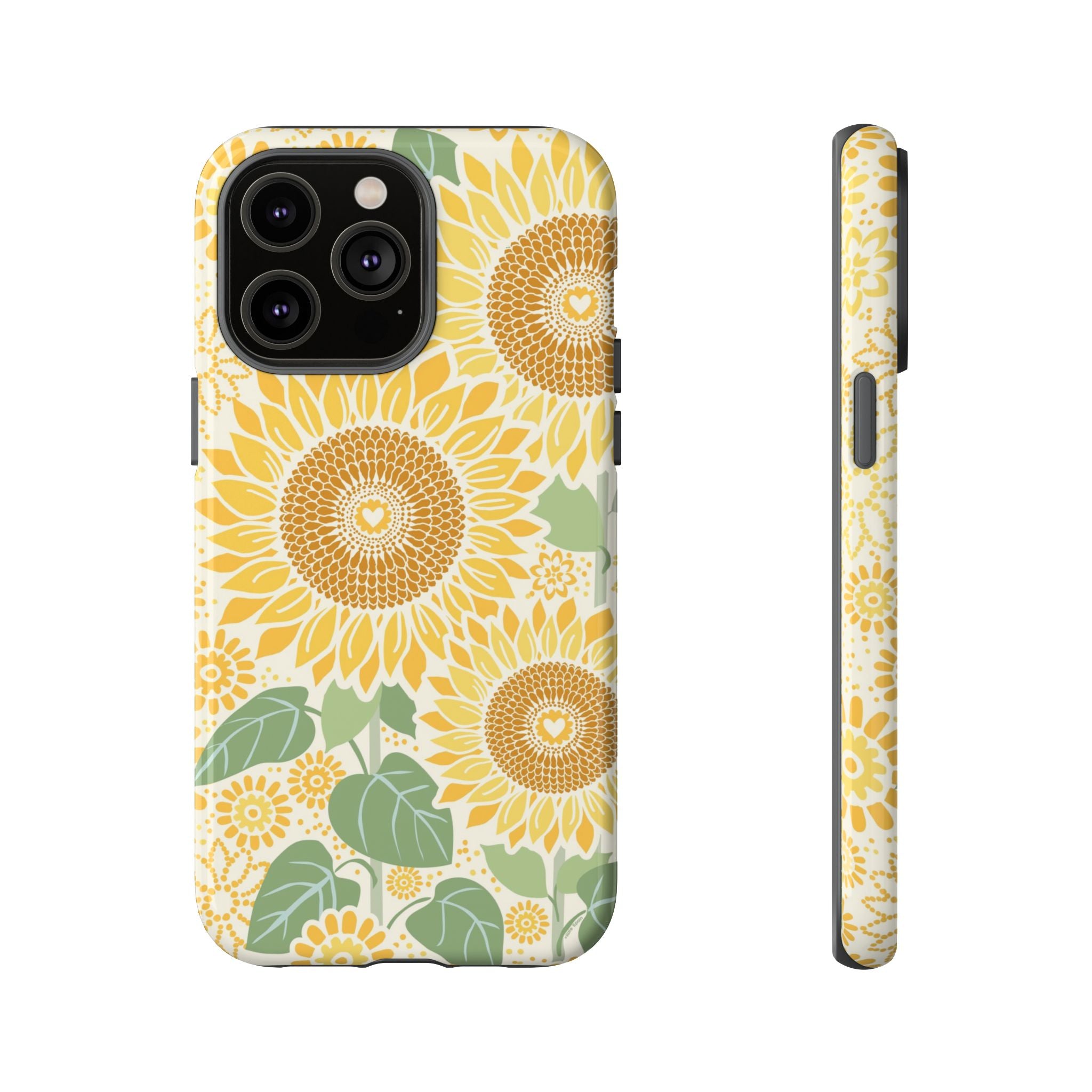 Sunny Sunflower iPhone 14 Pro Max case – Glossy | cream ground, large-scale yellow sunflower print, golden seed detail with heart centers, dual-layer protection