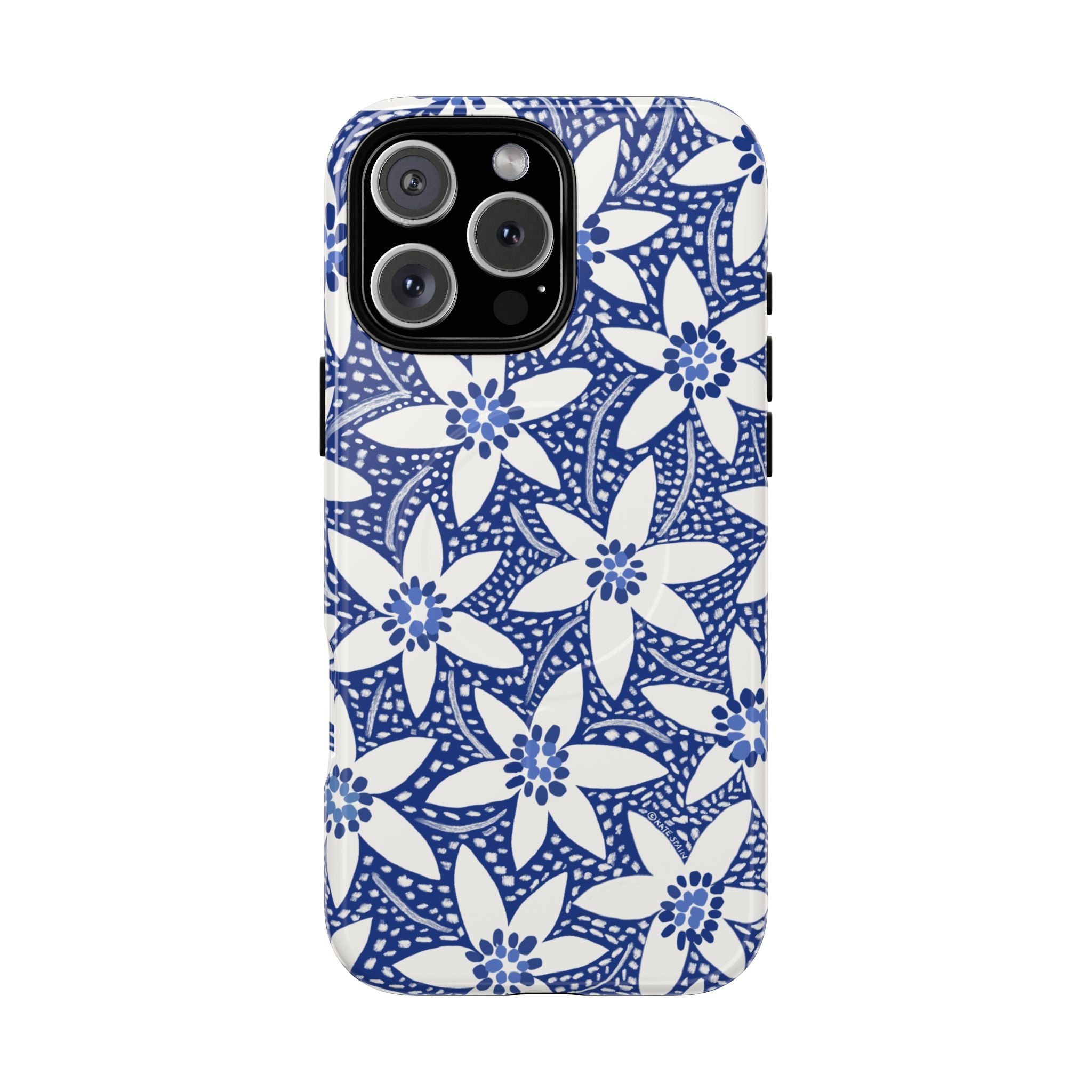 Starflower MagSafe iPhone 16 Pro Max – Glossy | navy, white geometric starflower print