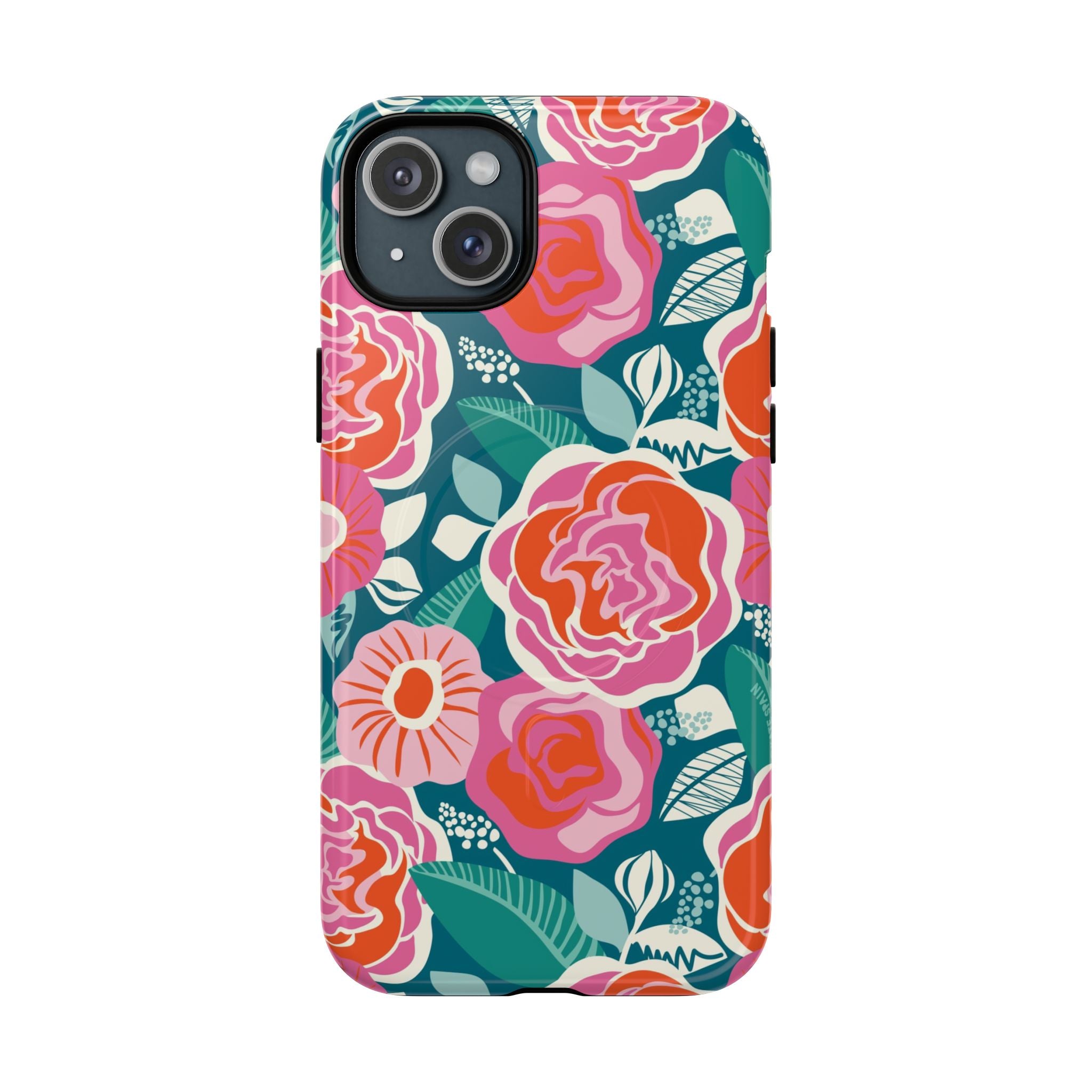 Luxury Tea Rose Teal MagSafe iPhone 15 Plus Case – Glossy | teal, coral, pink botanical rose floral print