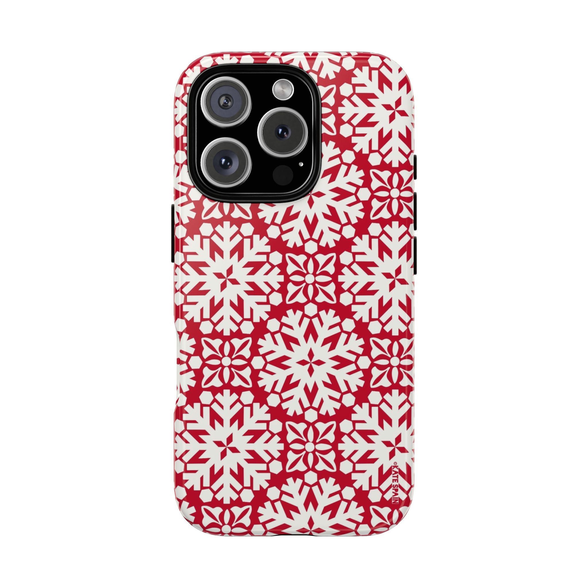 Flurry Tough iPhone 16 Pro Max Case – Glossy | red, cream geometric snowflake medallion print