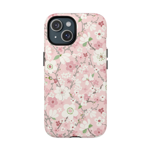 Pink Cherry Blossom MagSafe iPhone 15 Case – Glossy | soft pink, white, sage cherry blossom floral print
