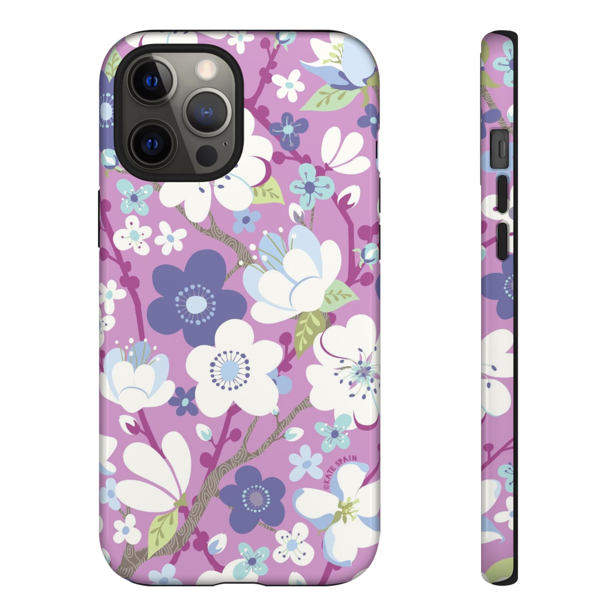 Luxury Cherry Blossom Tough iPhone 12 Pro Max Case – Glossy | mauve, purple, blue, white cherry blossom print