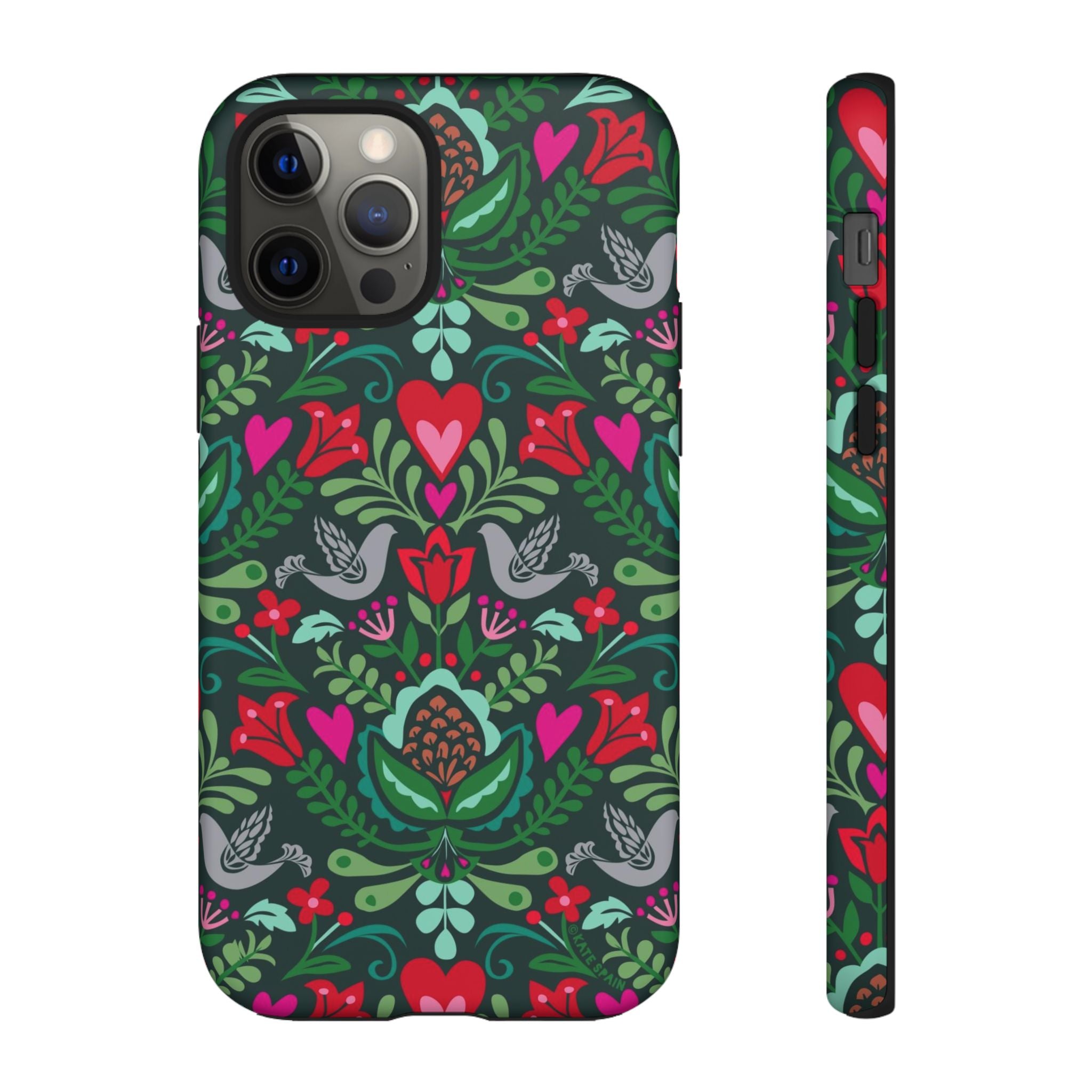 Rosemaling Tough iPhone 12 Pro Case – Matte | dark green, red, pink, gray folk art floral bird print