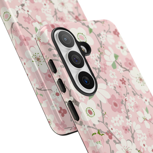 Luxury Pink Cherry Blossom Samsung Galaxy S26 Plus Case – Glossy | Detail on lenses in blush, white, sage cherry blossom floral print