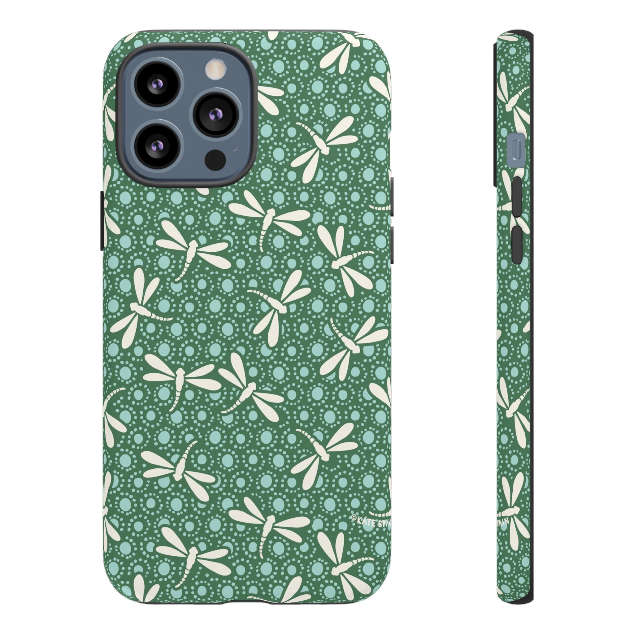 Designer Dragonfly Tough iPhone 13 Pro Max Case – Matte | jade green, aqua, cream dragonfly print