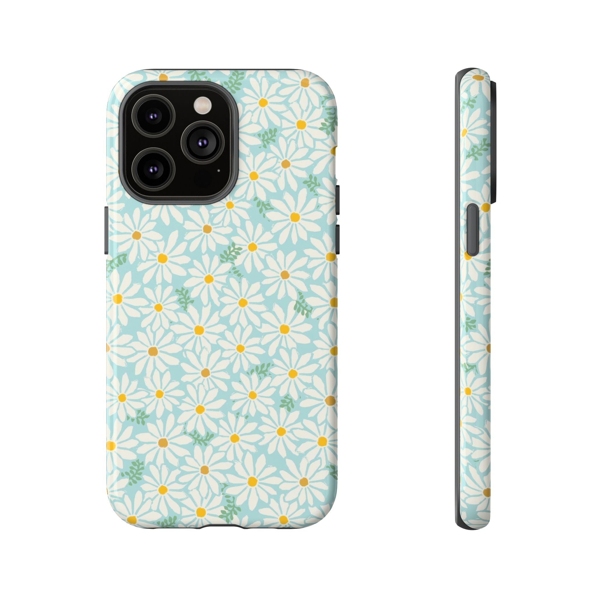 Daisies Tough iPhone 14 Pro Max Case – Glossy | sky blue, white daisy print, golden yellow centers, mint green leaves dual-layer protection