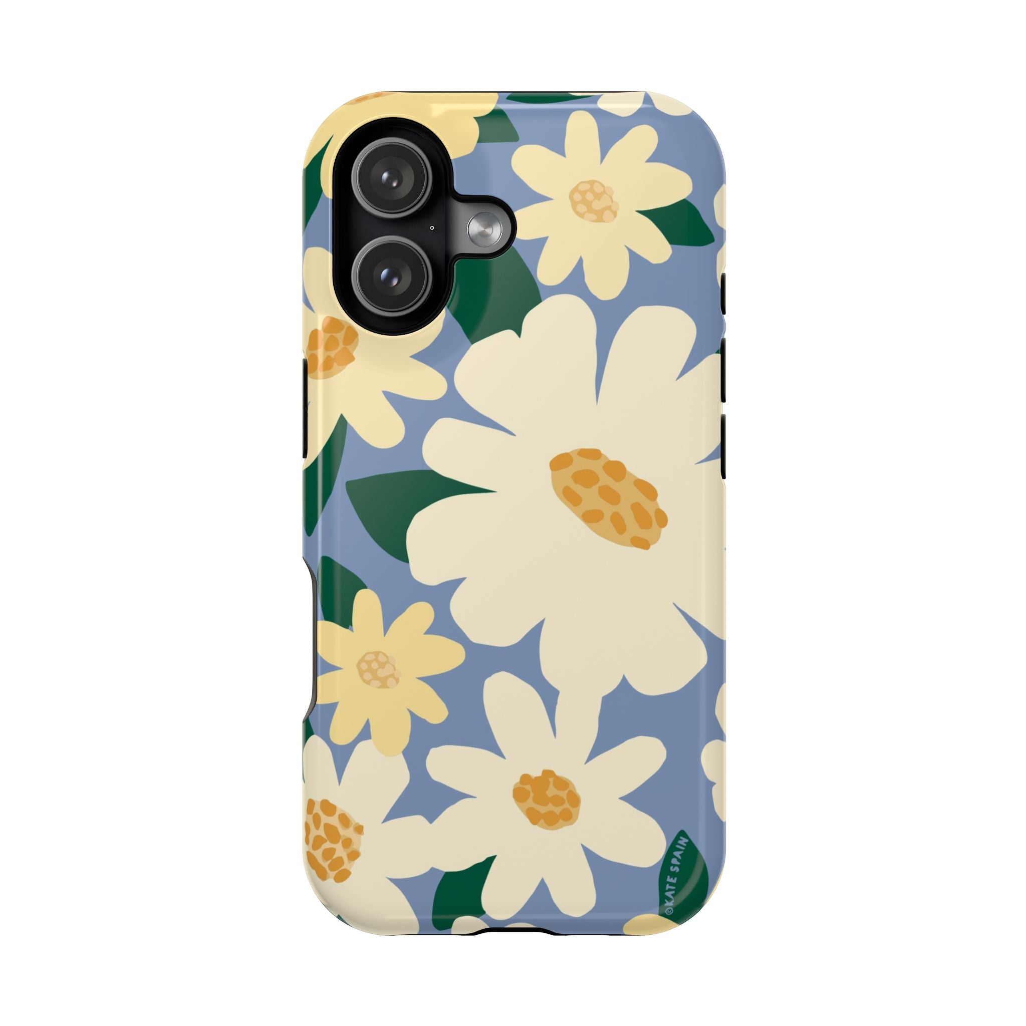 Chamomile MagSafe iPhone 17 Case – Glossy | periwinkle, cream, yellow botanical daisy floral print MagSafe compatible, dual-layer protection