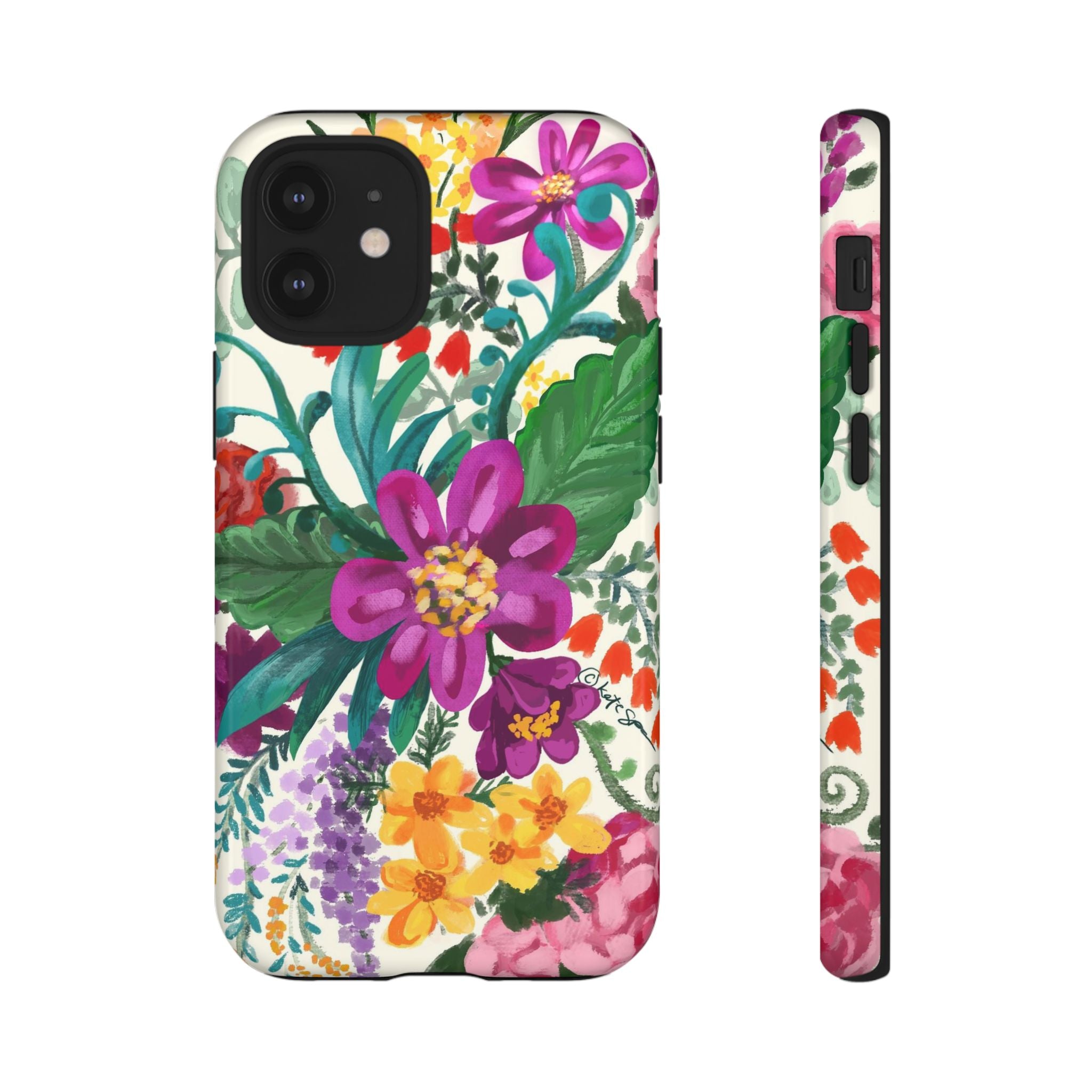 Posy Tough iPhone 12 Mini Case – Glossy | cream, magenta, coral botanical floral print