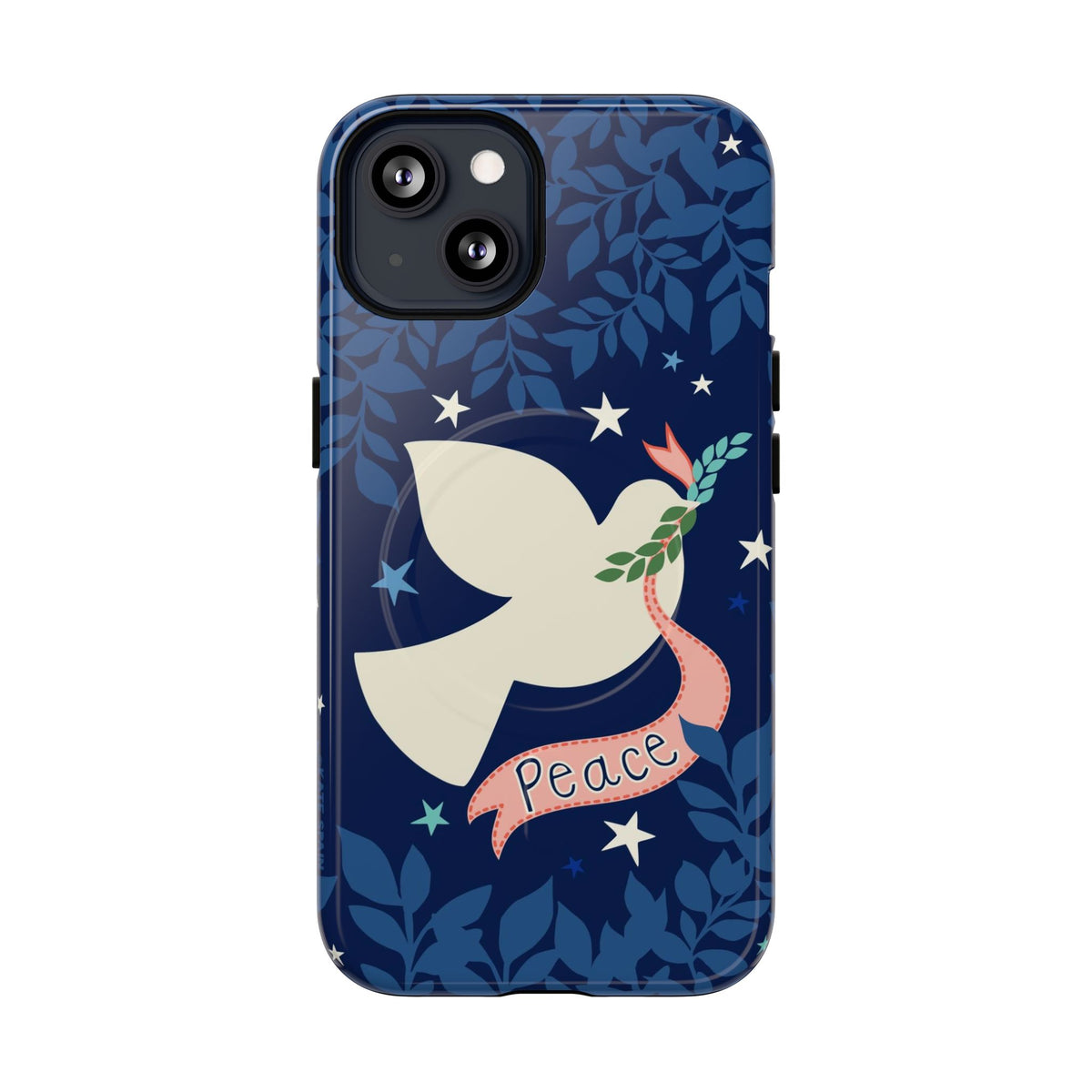 Peace MagSafe iPhone 13 Case – Glossy | navy, cream peace dove, stars, botanical print