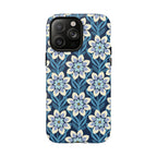 Luxury Modern Dahlia MagSafe iPhone 14 Pro Max Case – Matte | navy, slate blue, white geometric dahlia tile floral print