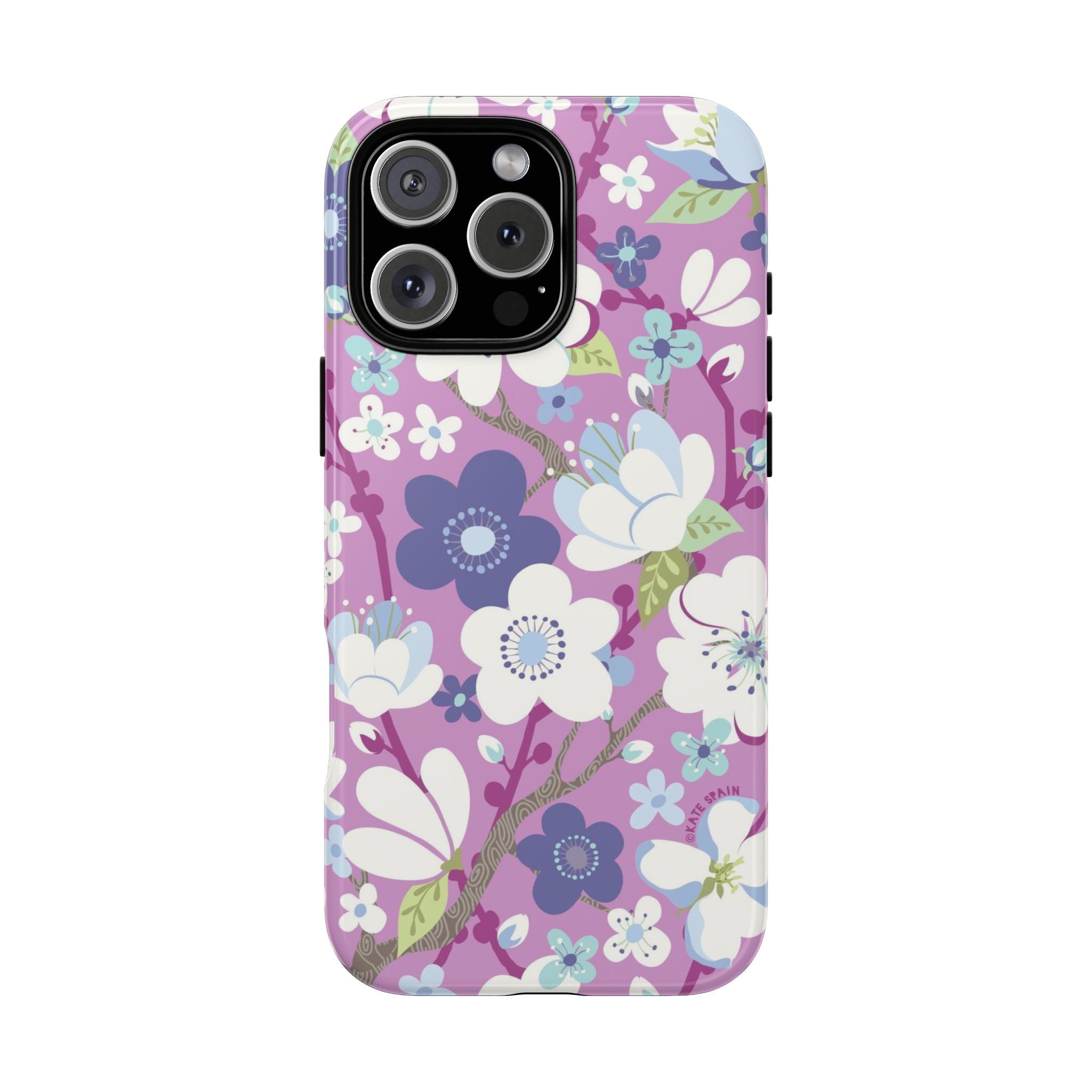Luxury Cherry Blossom Tough iPhone 16 Pro Case – Matte | mauve, purple, blue, white cherry blossom print
