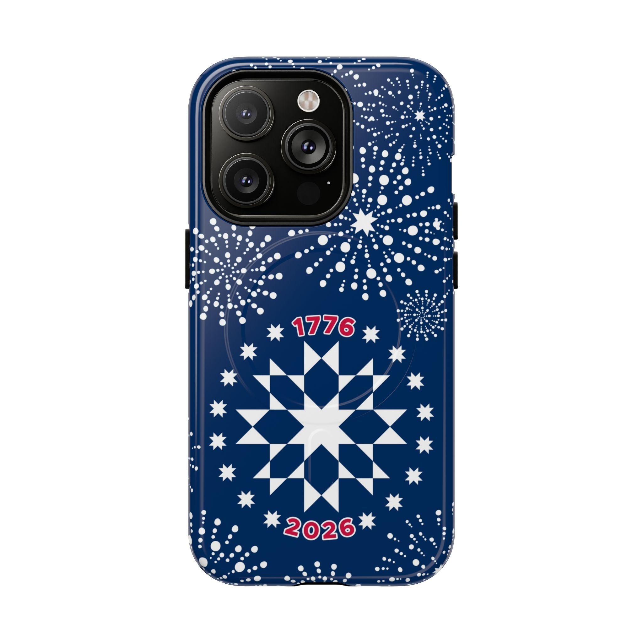250th Fireworks MagSafe iPhone 14 Pro Case – Glossy | navy, white patriotic star quilt fireworks print
