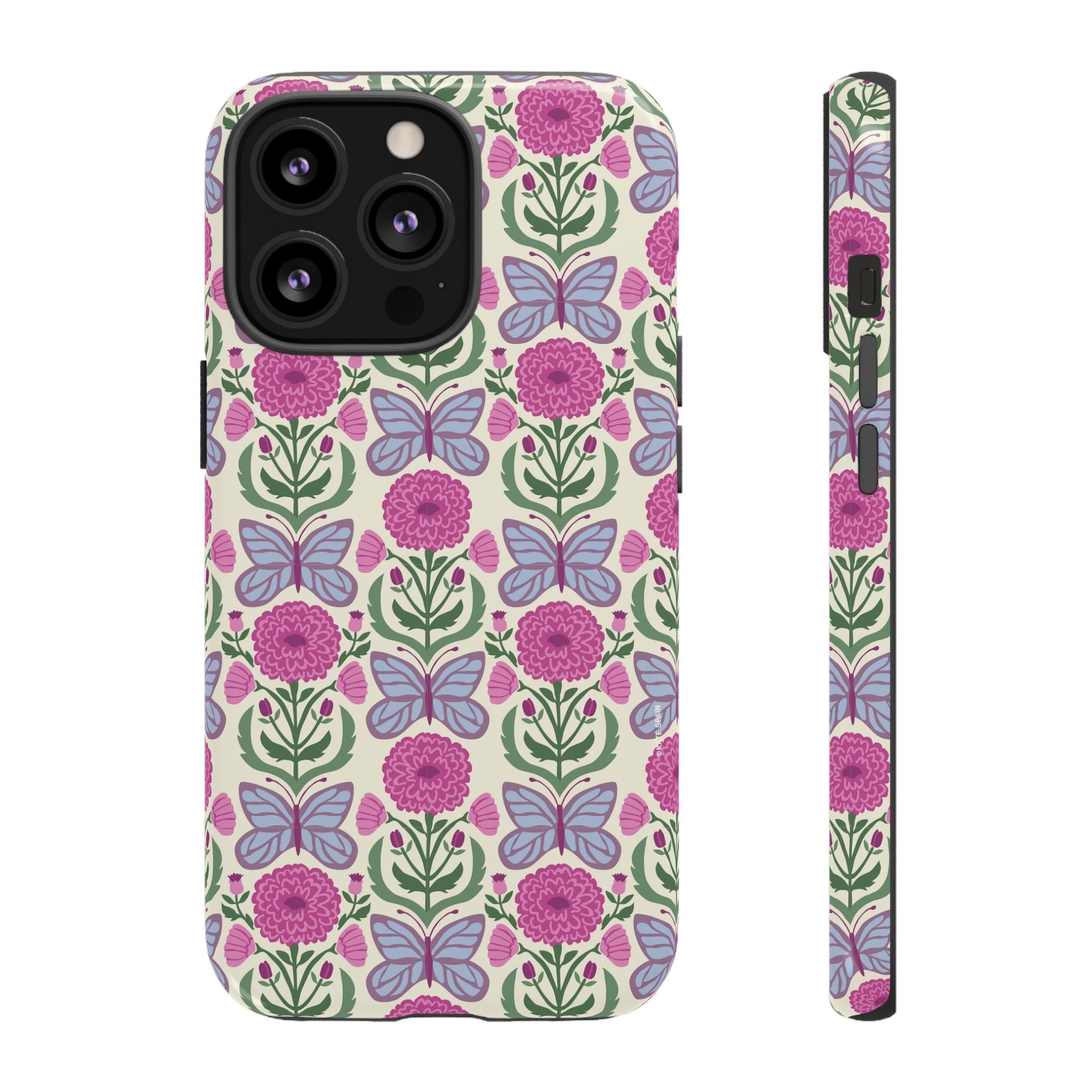 Butterfly Tough iPhone 13 Pro Case – Glossy | cream, magenta, periwinkle butterfly floral print