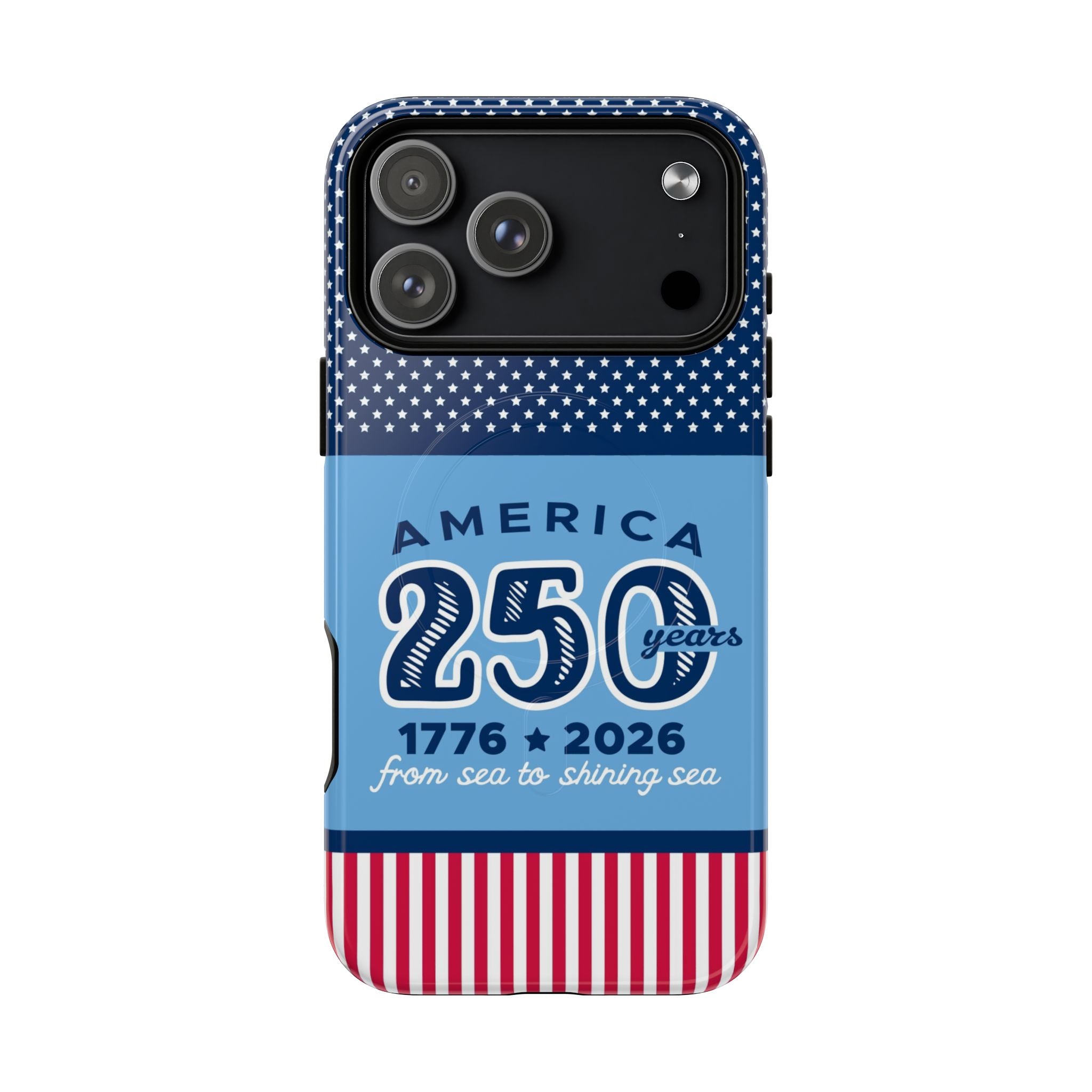 Sea to Shining Sea MagSafe iPhone 17 Pro Max Case – Glossy | navy, sky blue, red, white American stars & stripes 250th anniversary print