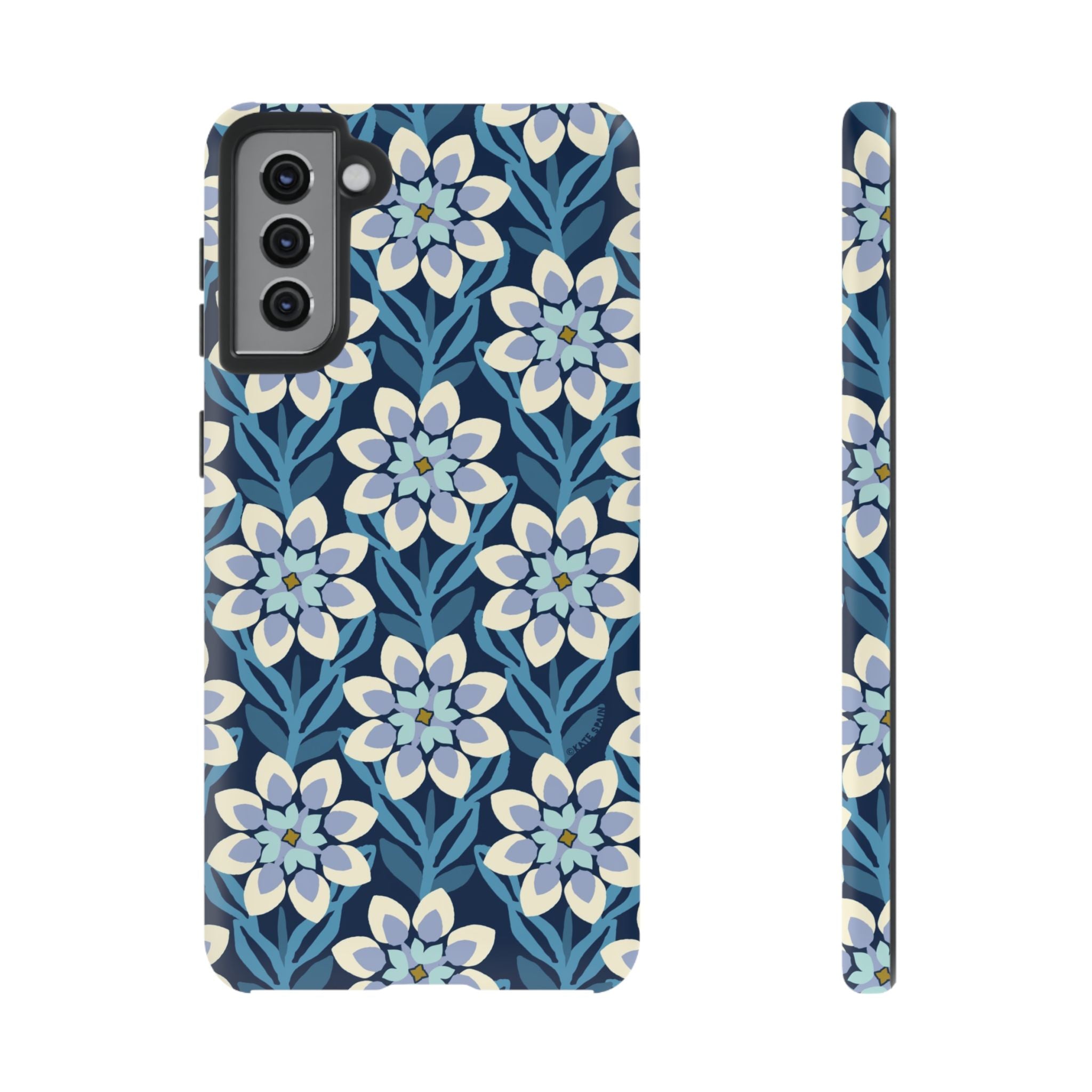 Luxury Modern Dahlia Samsung Galaxy S21 Plus Case – Glossy | navy, white, periwinkle modern dahlia print