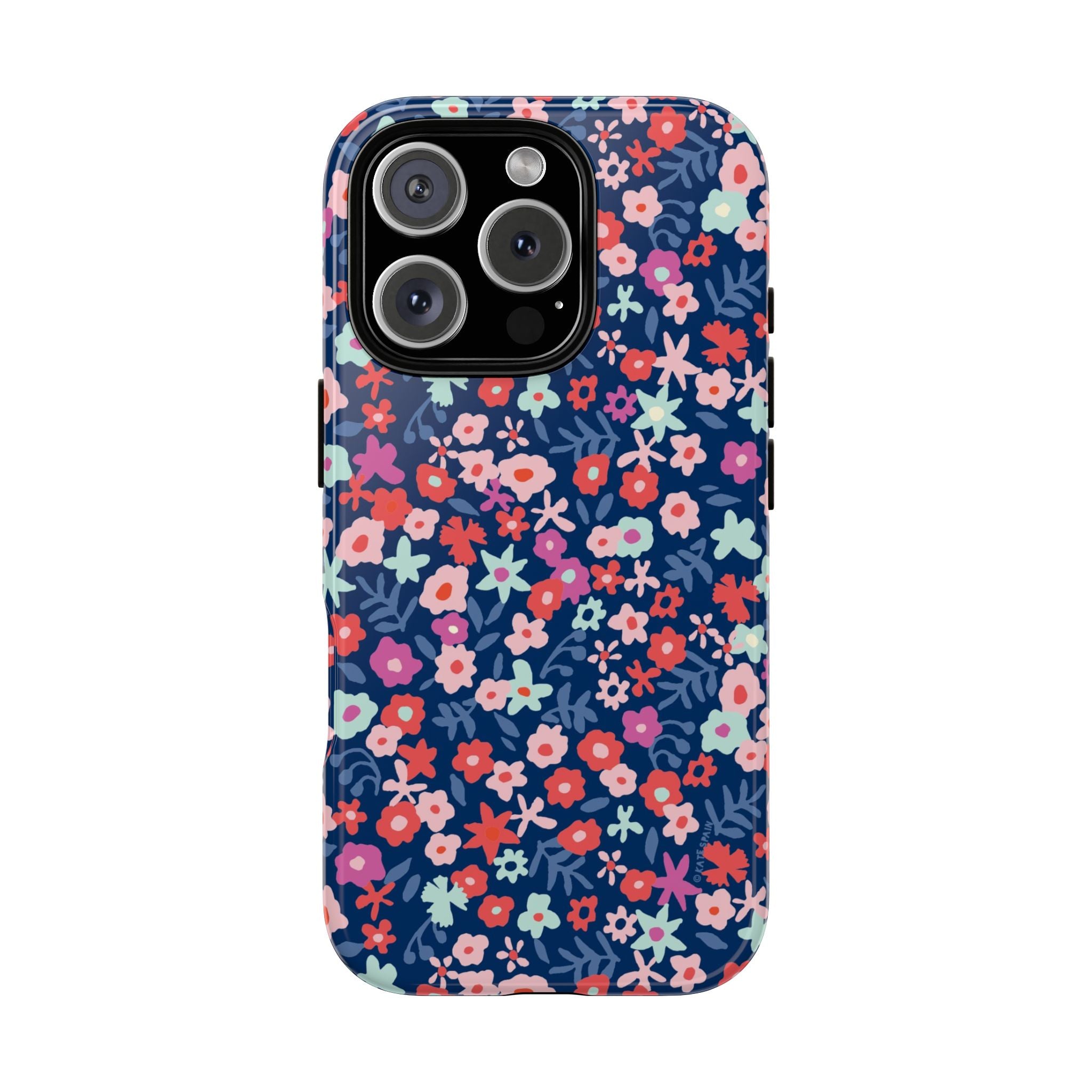 Primrose Tough iPhone 16 Pro Max Case – Glossy | navy, pink, white ditsy floral print