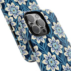 Designer Modern Dahlia Tough iPhone 16 Pro Max Case – detail view of camera | navy, cobalt, white dahlia floral print
