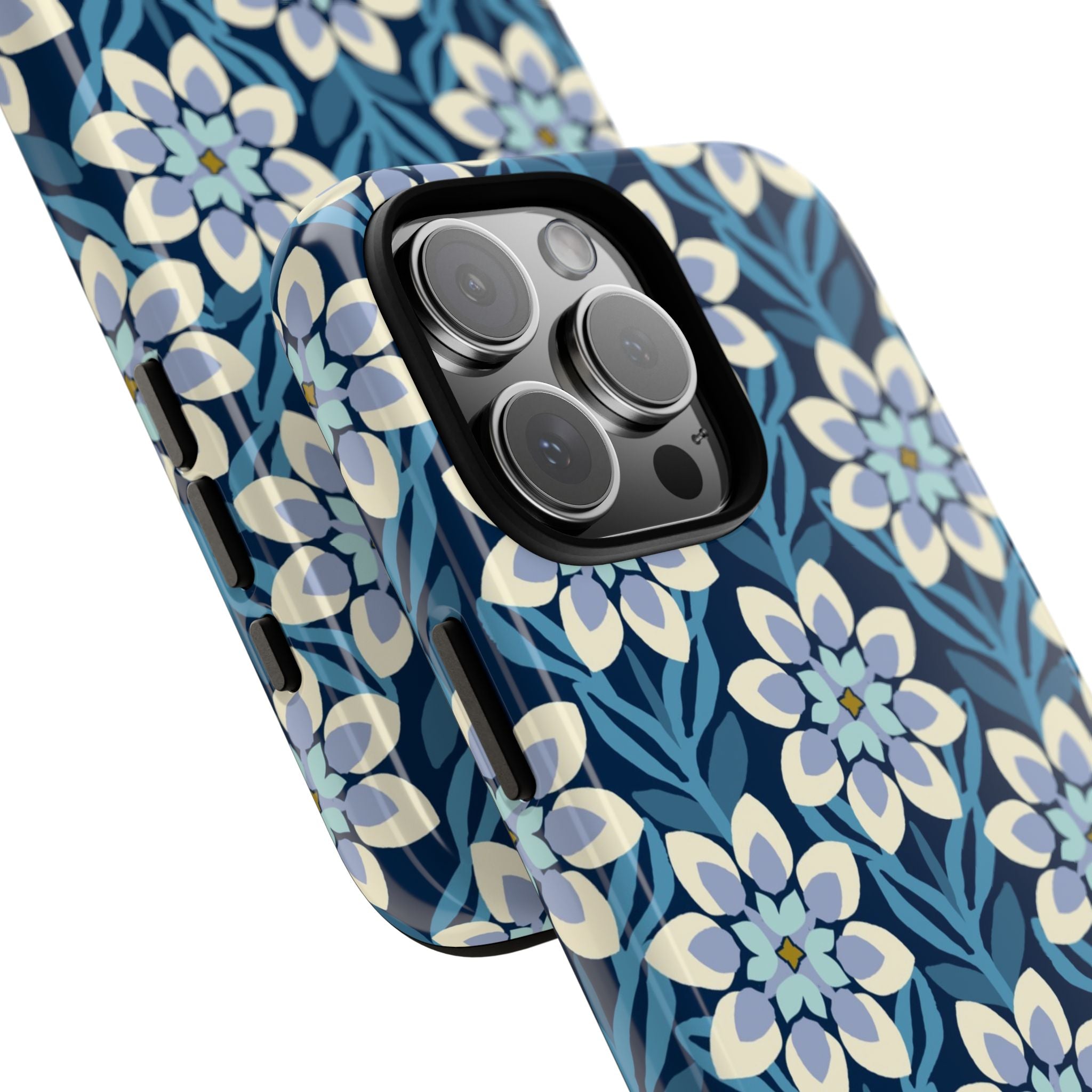 Designer Modern Dahlia Tough iPhone 16 Pro Max Case – detail view of camera | navy, cobalt, white dahlia floral print