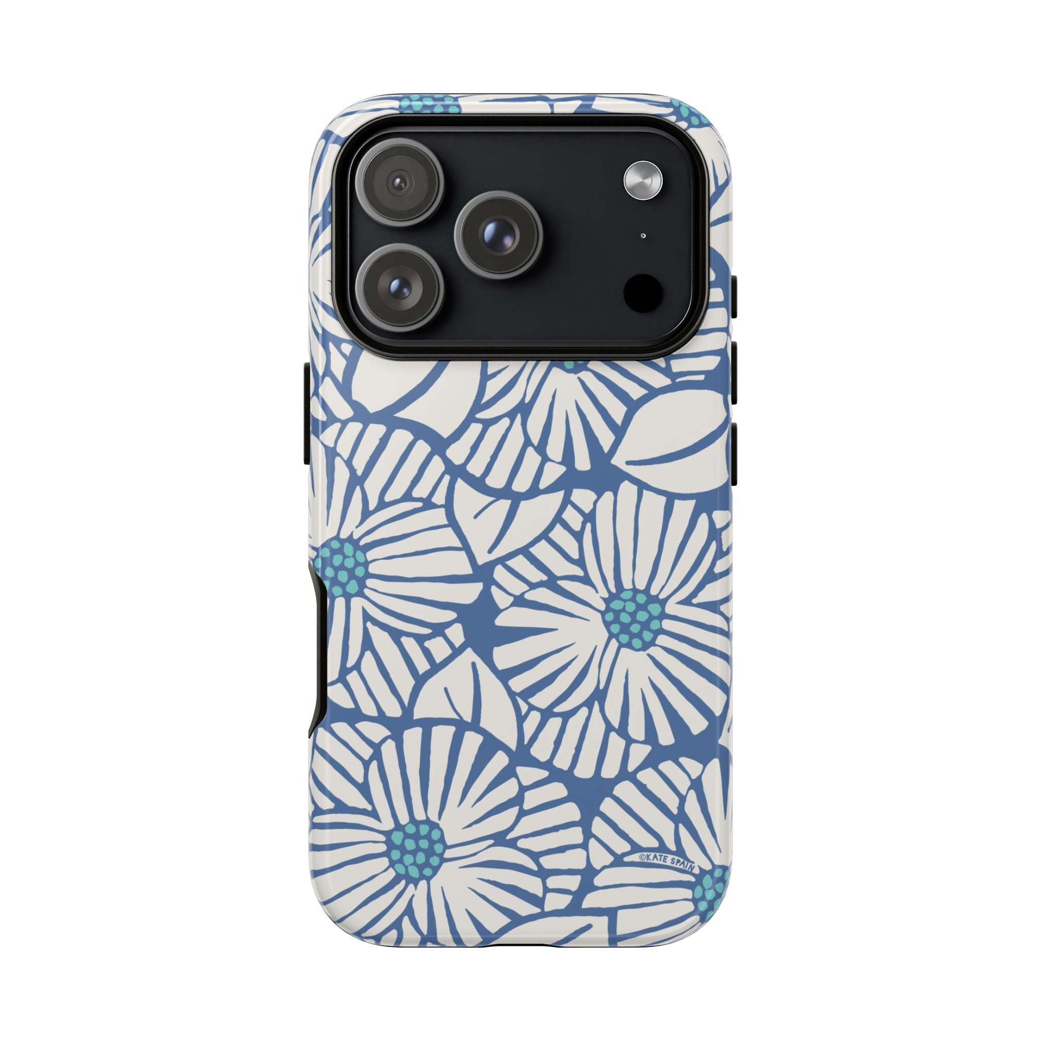 Calendula Tough iPhone 17 Pro Case – Glossy | periwinkle, cream, teal graphic daisy floral print