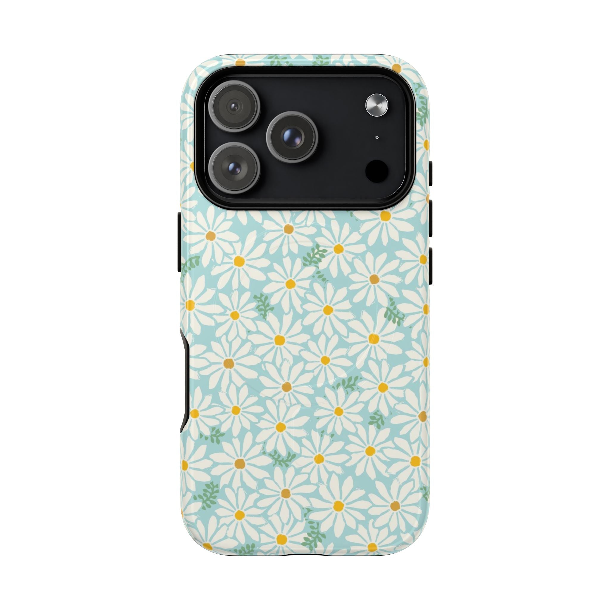 Daisies MagSafe iPhone 17 Pro Case – Glossy | sky blue, white daisy print, golden yellow centers, mint green leaves MagSafe compatible, dual-layer protection