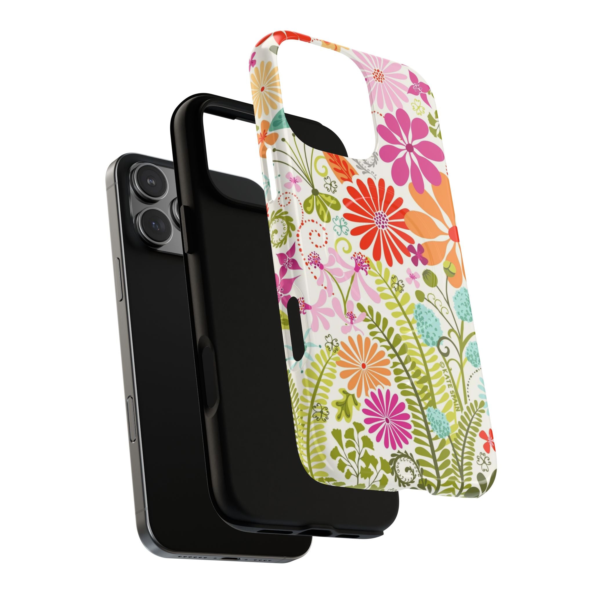 Terrain Day MagSafe iPhone 16 Pro Max Case – Dual-layered view of case and inner lining in front of phone, with view of camera cutout and buttons | white, magenta, coral botanical woodland floral print