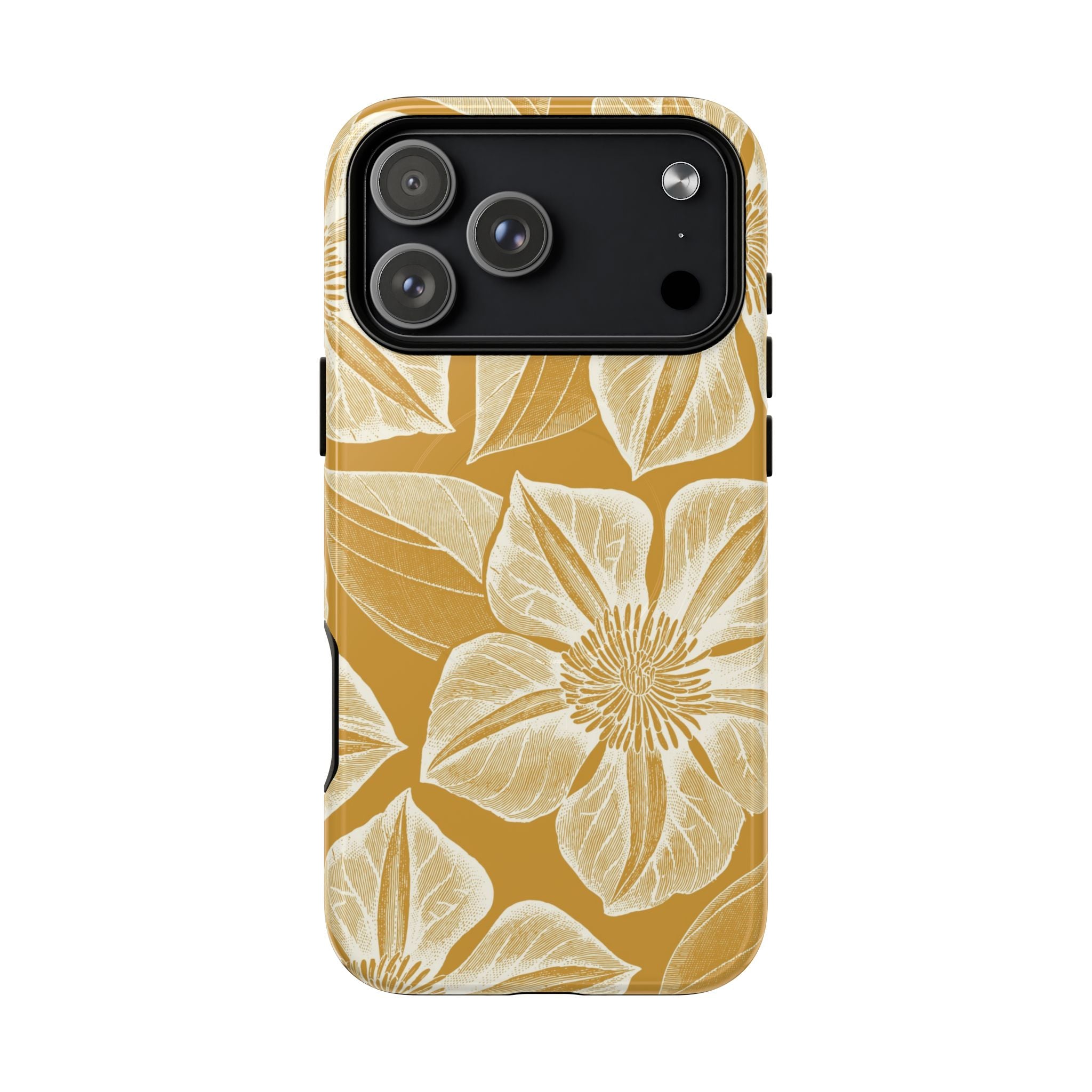 Vintage Bloom Gold MagSafe iPhone 17 Pro Max Case – Glossy | warm gold ground, large-scale cream clematis print, engraved petal detail, dual-layer protection