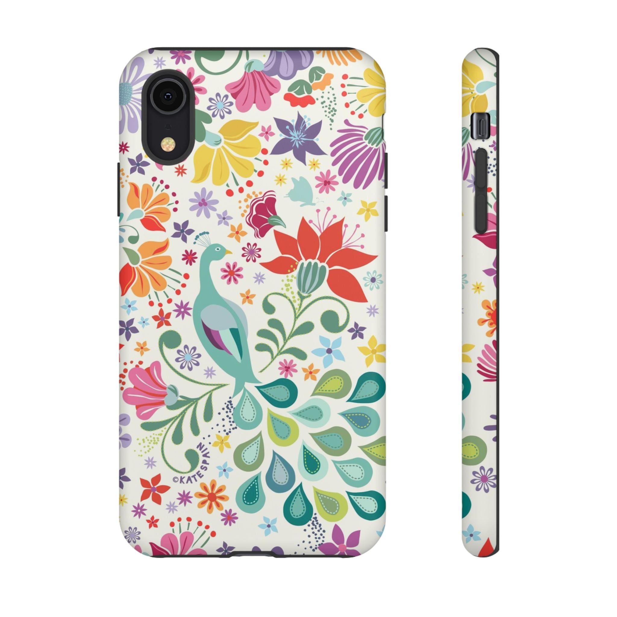 Peacock Sanctuary Tough iPhone XR Case – Matte | white, teal, coral multicolor vibrant peacock feather botanical print