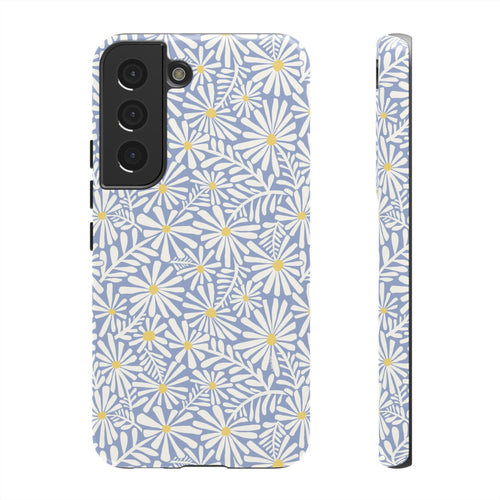 Montauk Daisy Cottage Blue Samsung Galaxy S22 Glossy case — white daisy and fern print on periwinkle blue by Kate Spain
