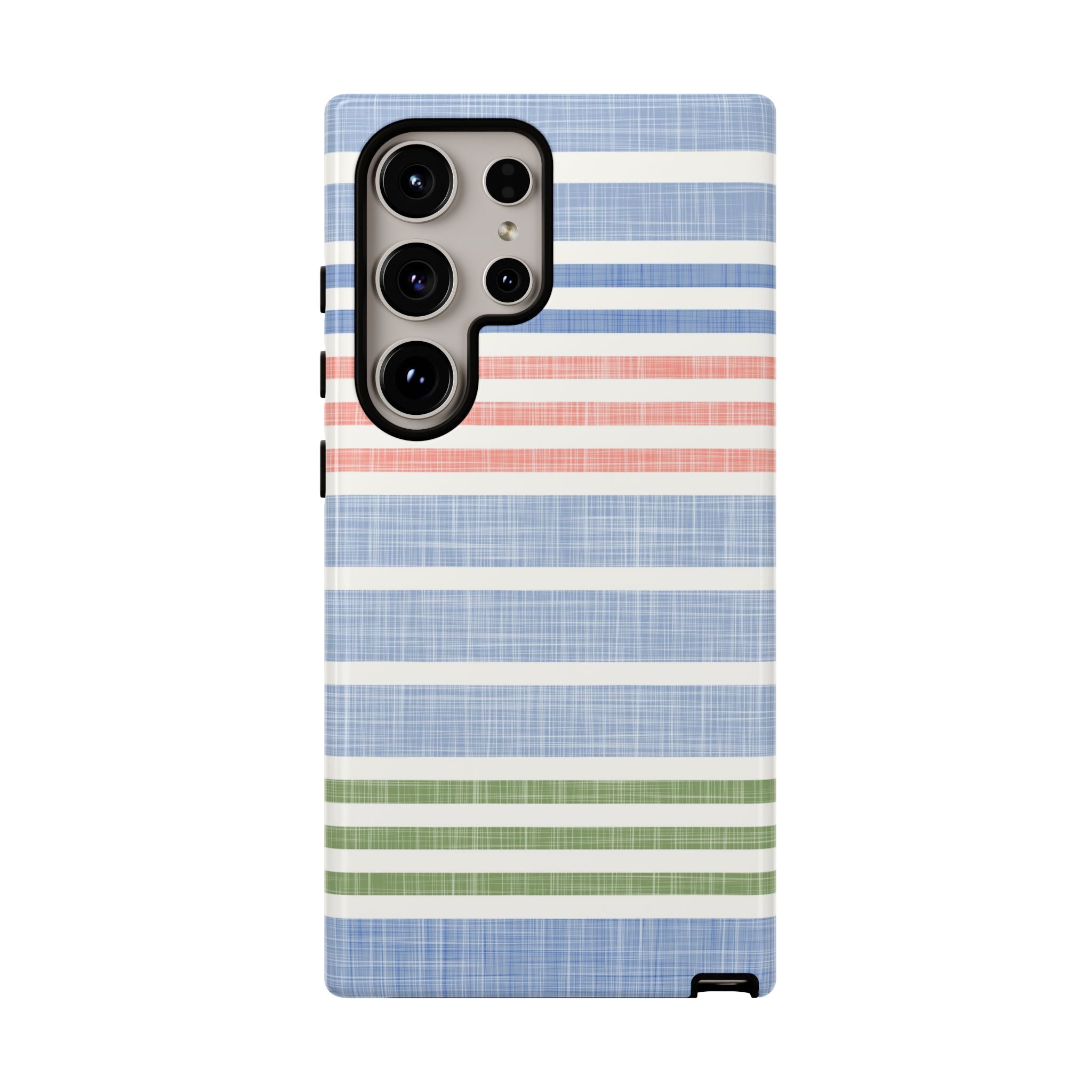 Cabana Stripe Pastel Samsung Galaxy S24 Ultra Case – Glossy | soft blue, coral, sage green chambray-textured stripe print dual-layer protection